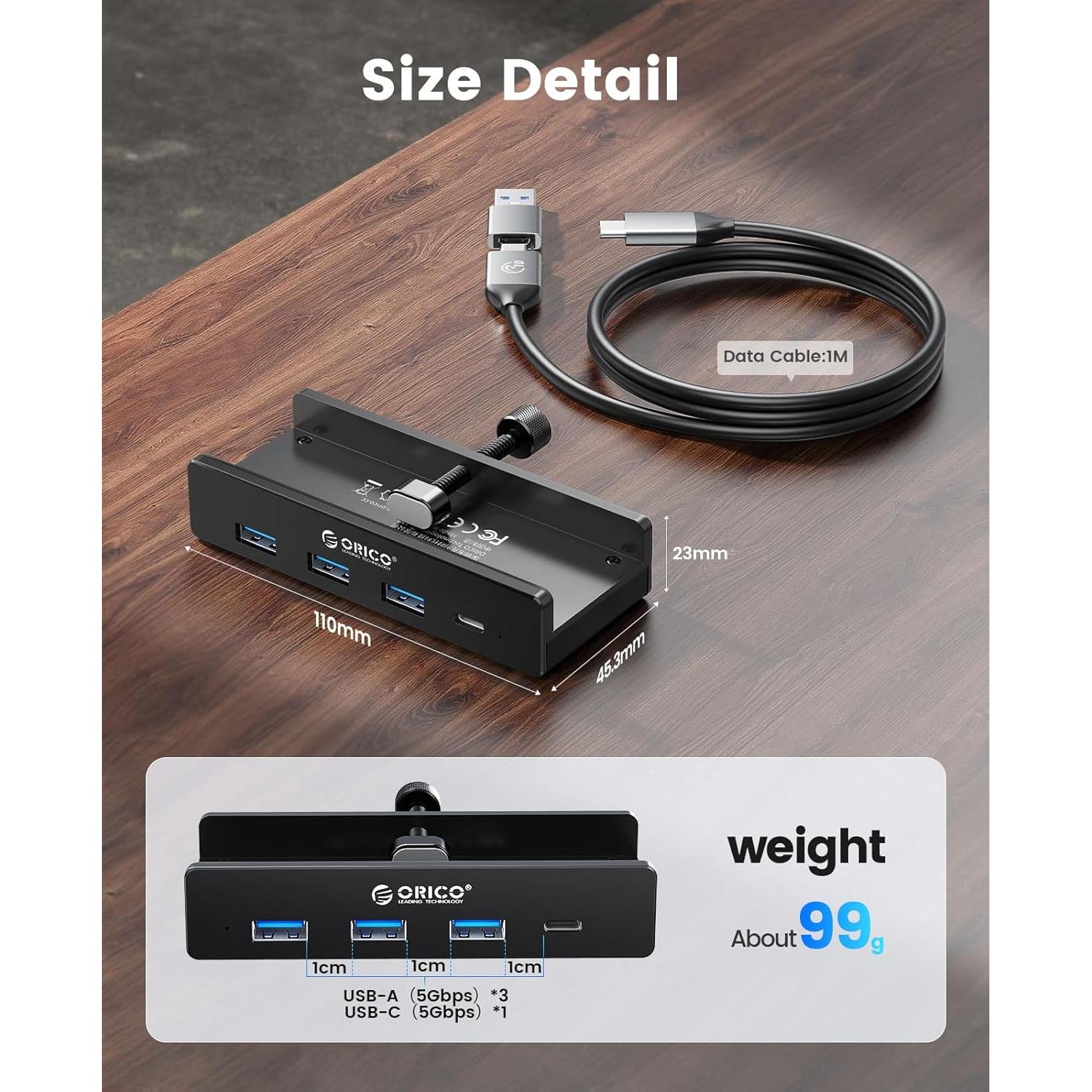 Hub USB 3.0 ORICO con Abrazadera y Puerto USB-C Negro