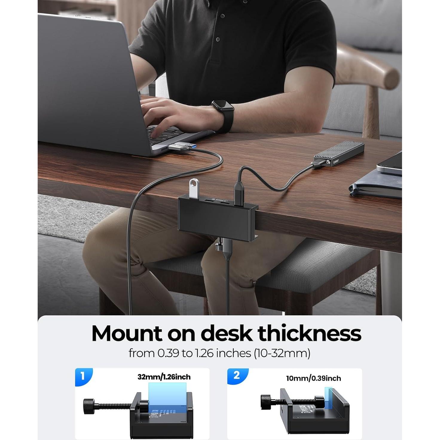 Hub USB 3.0 ORICO con Abrazadera y Puerto USB-C Negro