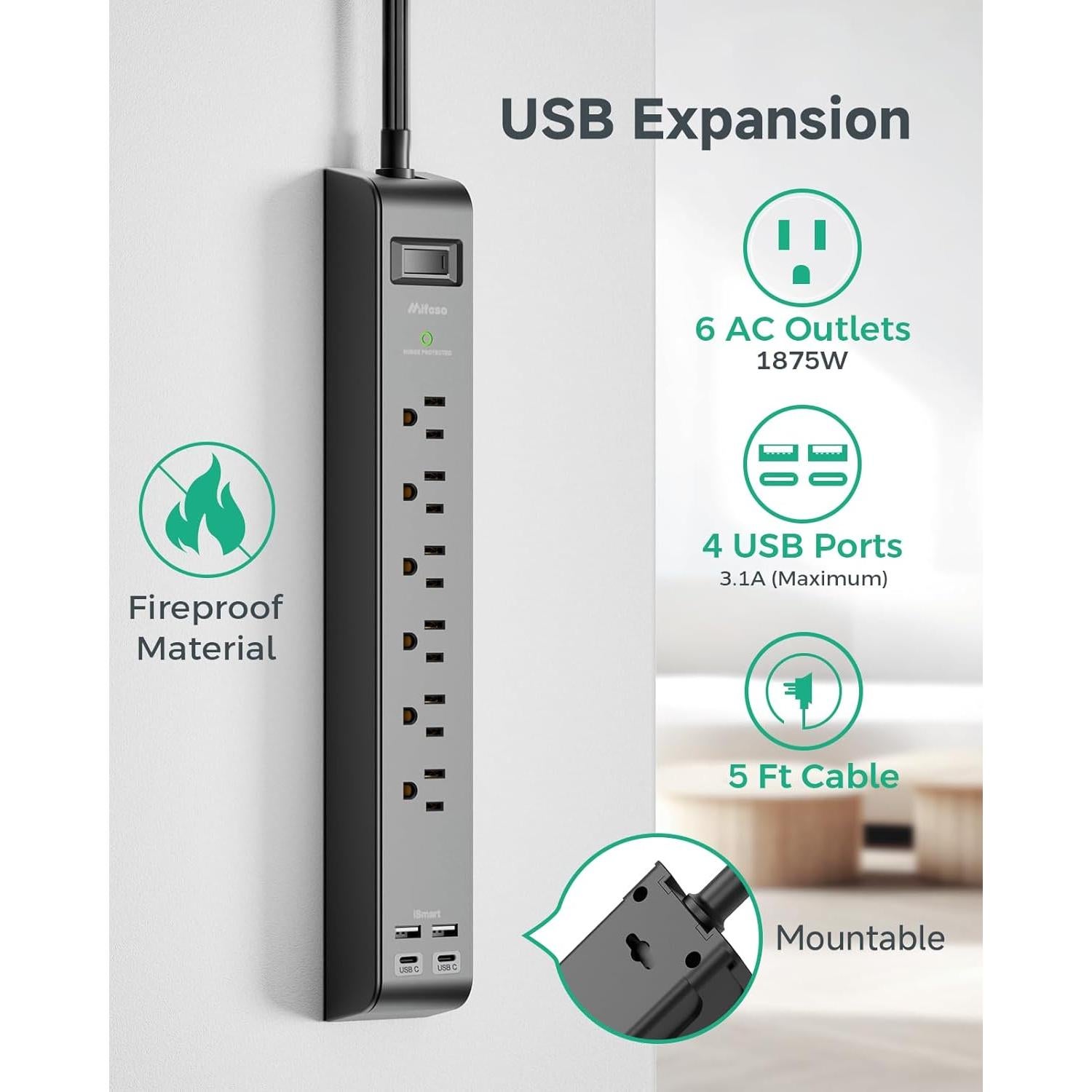 Regleta de Sobretensión Mifaso 6 Salidas 4 USB 1.52m 900J