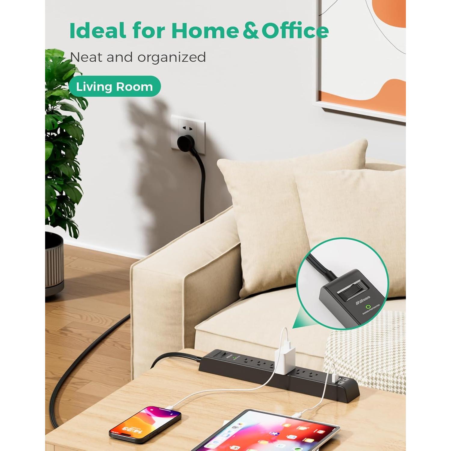 Regleta de Sobretensión Mifaso 6 Salidas 4 USB 1.52m 900J