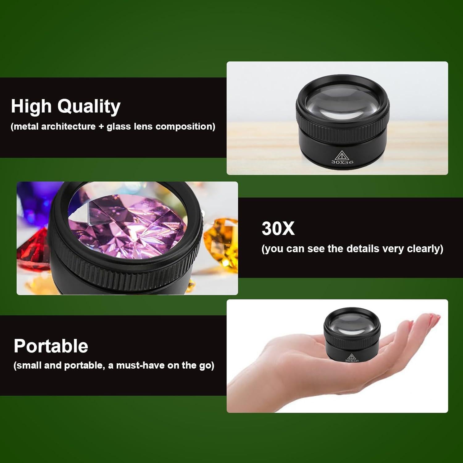 Lupa portátil 30X Rongon con lente de vidrio óptico