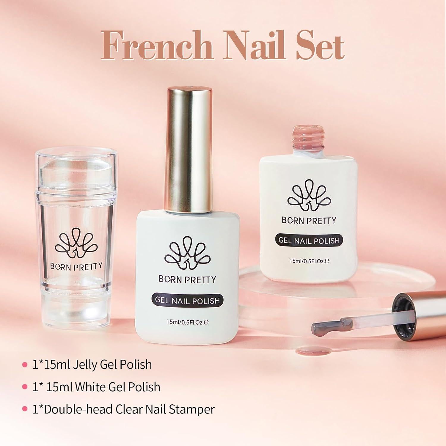 Kit de Manicura Francesa Born Pretty - 3 Piezas Gel Rosa y Blanco