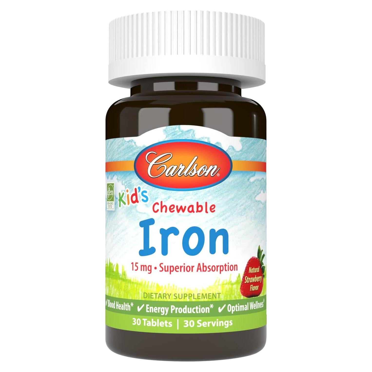 Hierro Masticable para Niños Carlson 15 mg Sabor Fresa 30 Tabletas