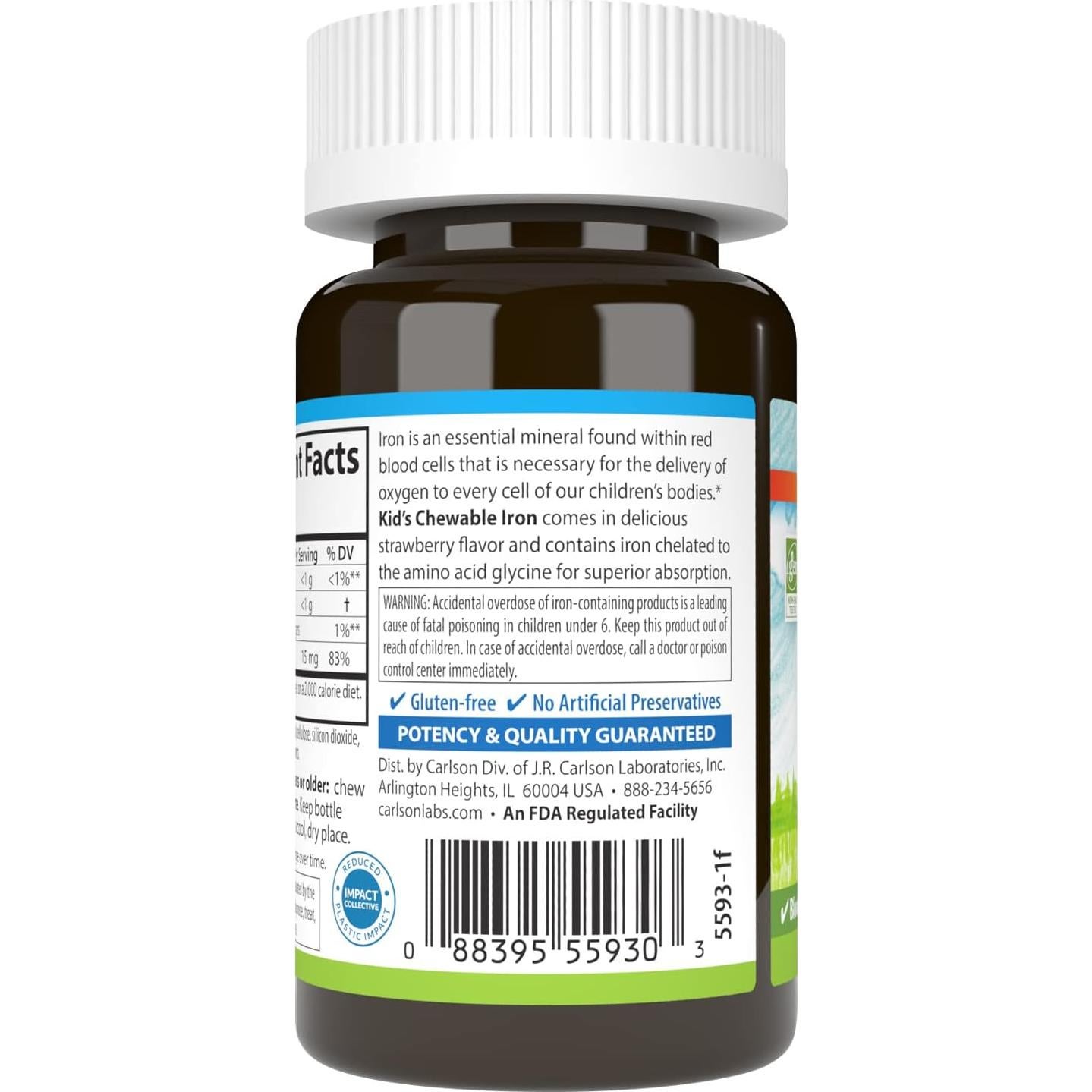 Hierro Masticable para Niños Carlson 15 mg Sabor Fresa 30 Tabletas