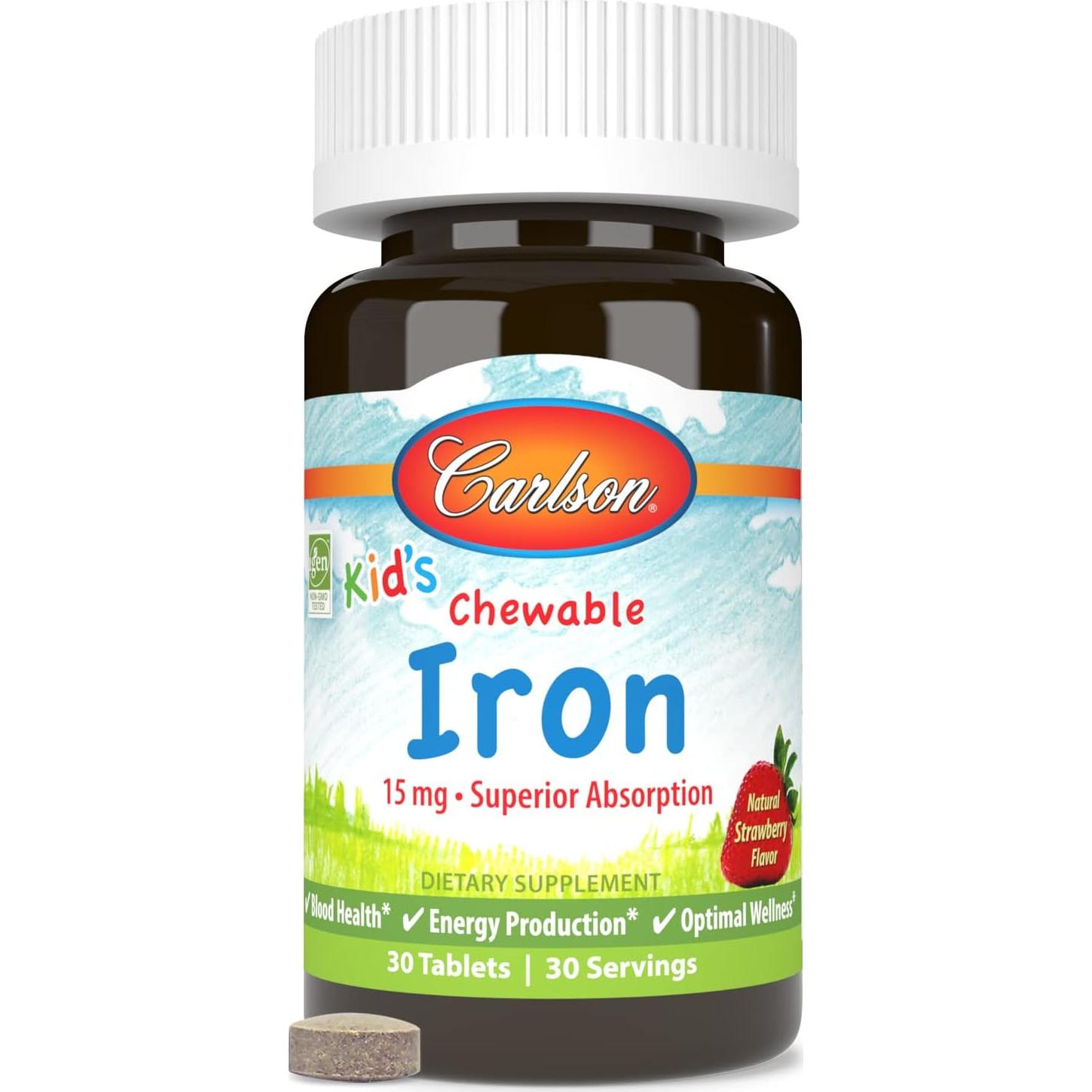 Hierro Masticable para Niños Carlson 15 mg Sabor Fresa 30 Tabletas