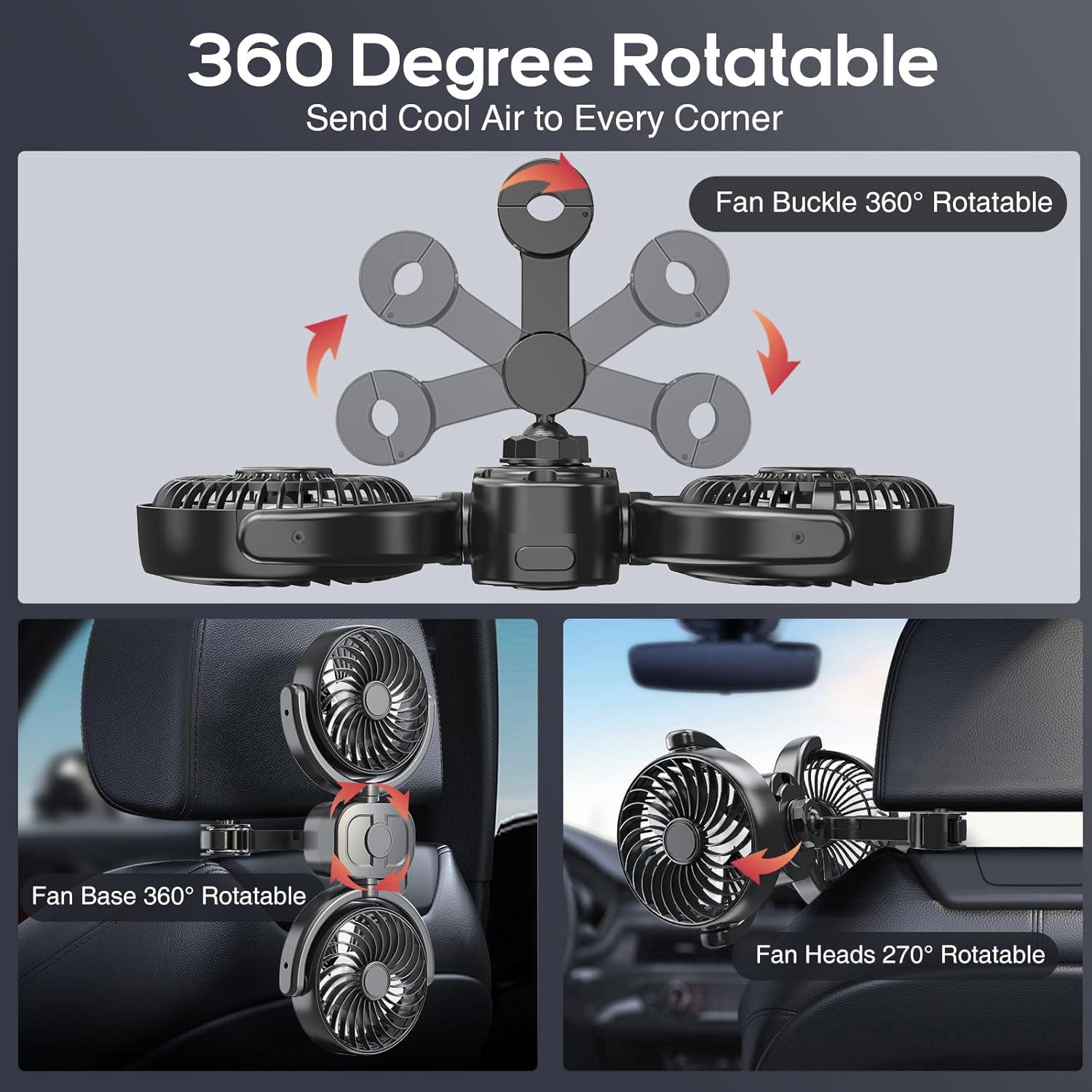Ventilador Recargable Dealswin para Auto Doble Cabezal 3 Velocidades