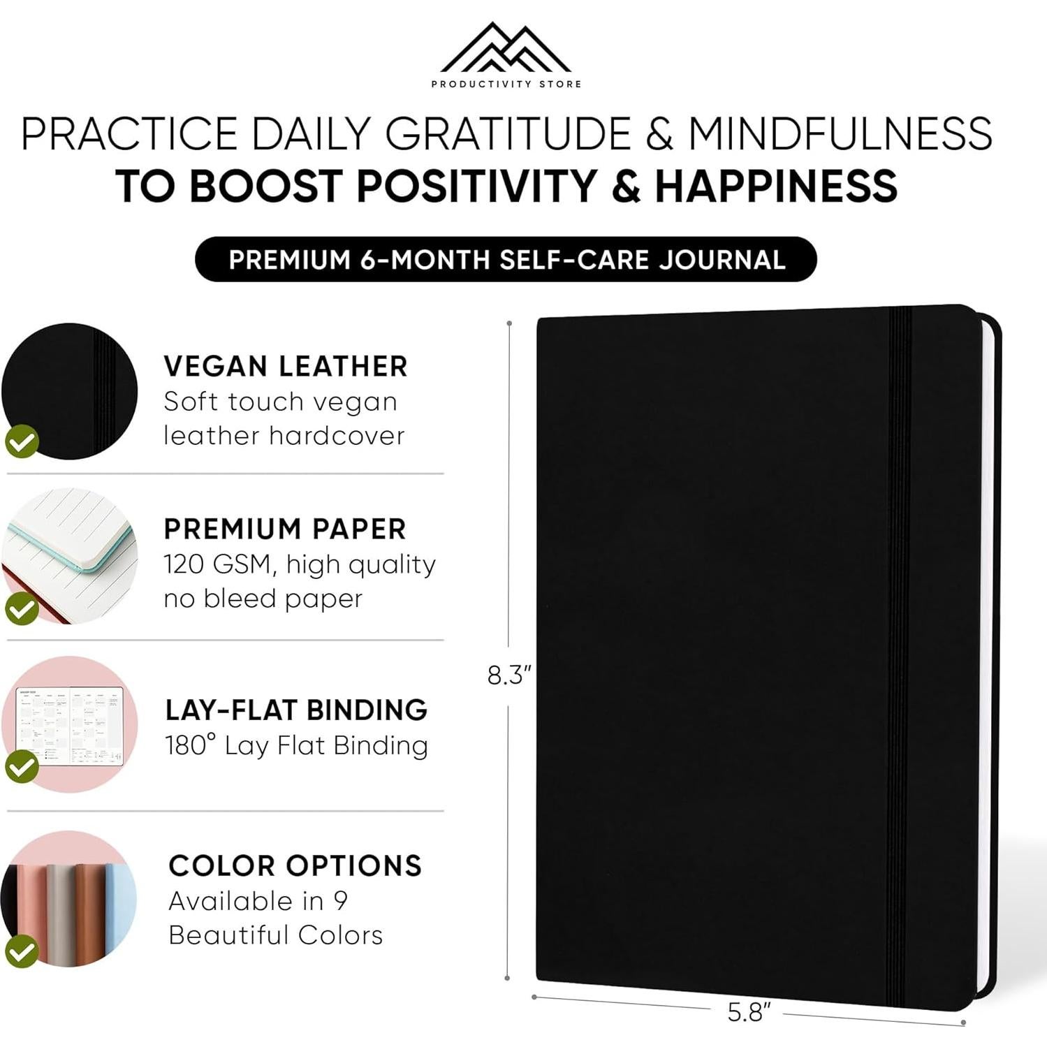 Diario de Gratitud y Cuidado Personal A5 Negro - PRODUCTIVITY STORE