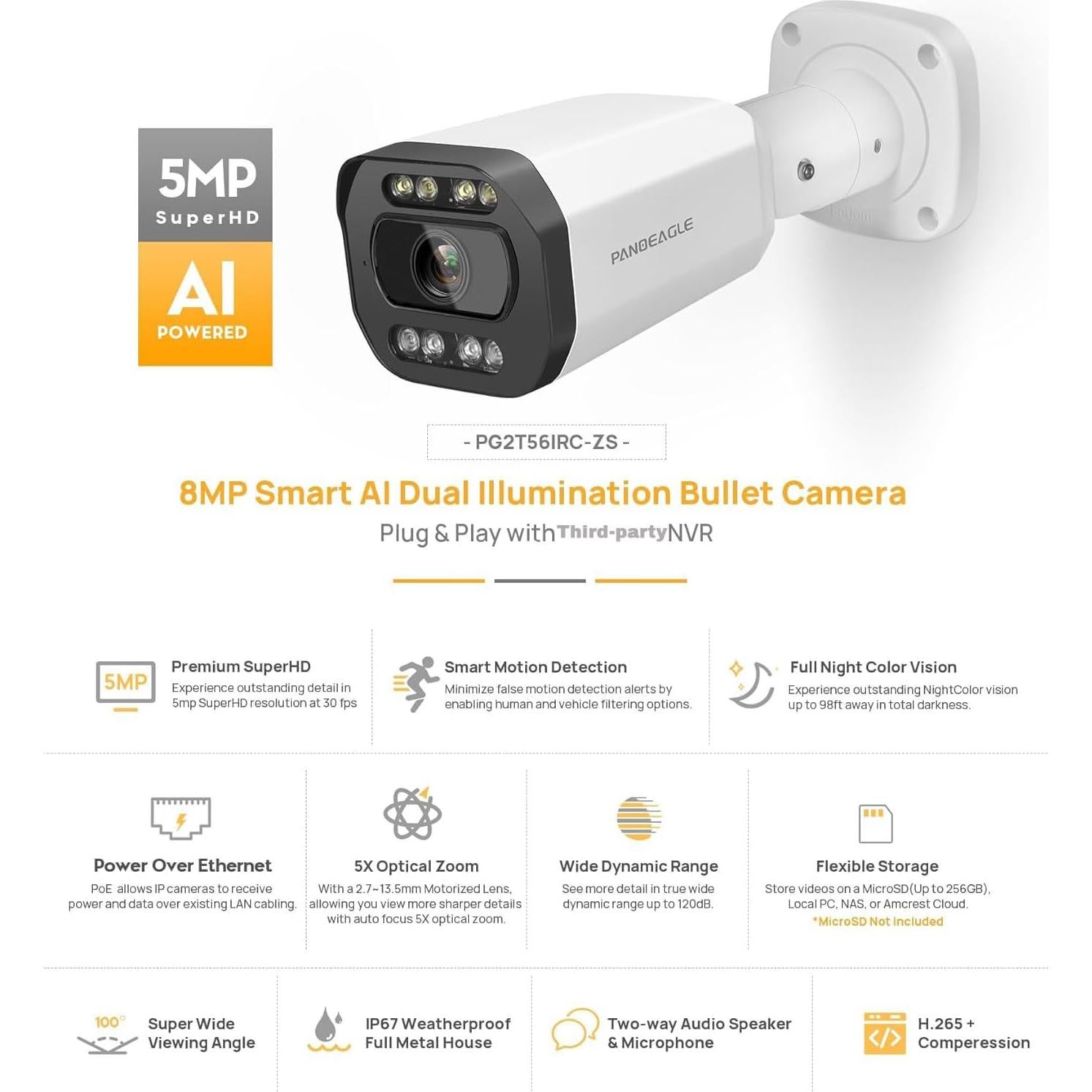 Cámara IP PoE Bullet 5MP Suiying con Zoom Óptico 5X