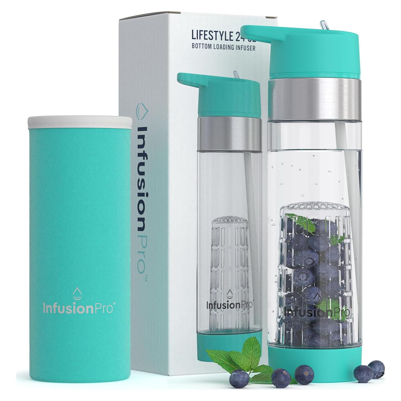 Infusion Pro Fruit Infuser Water Bottle with Straw Lid 24 oz : Flip-Up Straw : Insulated Sleeve & Fruit Infusion Water eBook : Bottom Loading Infuser for More Flavor - Blue Jade