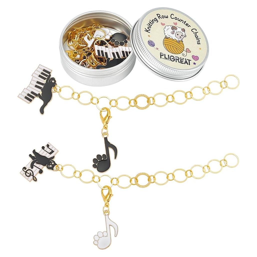 PLIGREAT 2 Sets Cute Piano Black Cat Stitch Marker Knitting Row Counter Chains Locking Stitch Marker for Grandma Mom Birthday Gifts Quilting Weaving Sewing Tool DIY Earings Jewelry Making Accessories