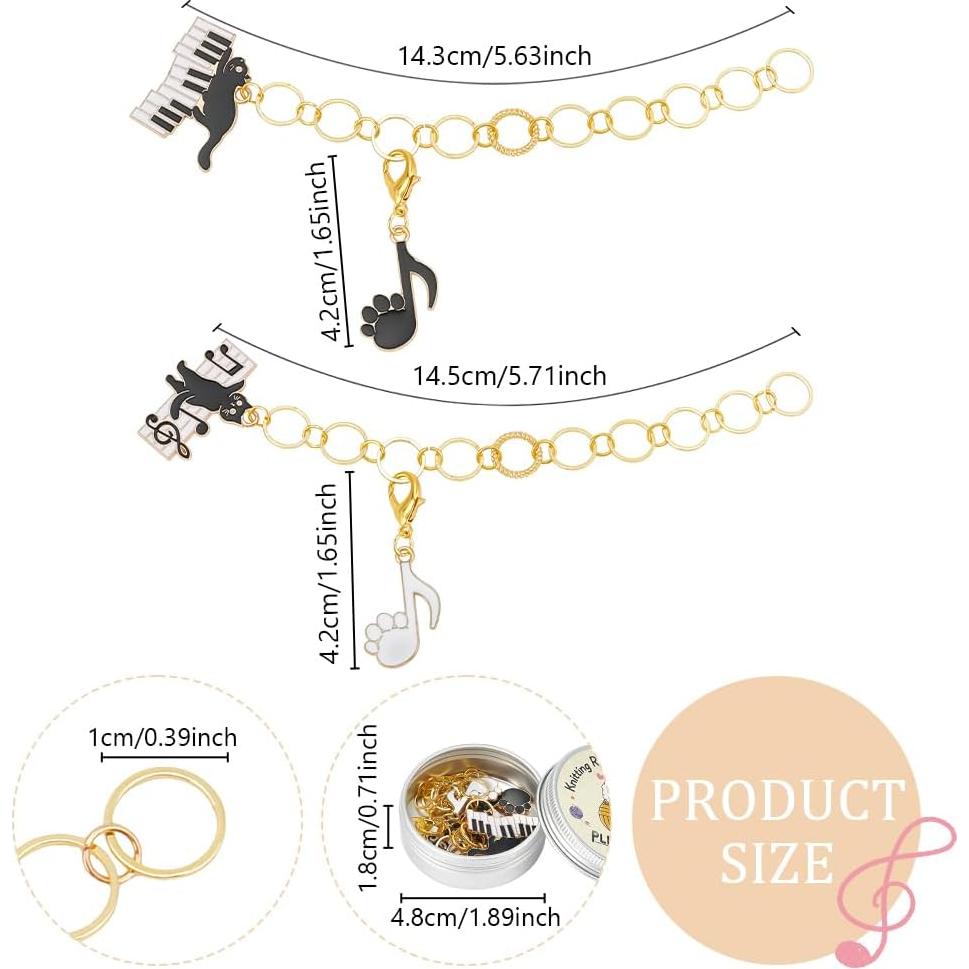 PLIGREAT 2 Sets Cute Piano Black Cat Stitch Marker Knitting Row Counter Chains Locking Stitch Marker for Grandma Mom Birthday Gifts Quilting Weaving Sewing Tool DIY Earings Jewelry Making Accessories