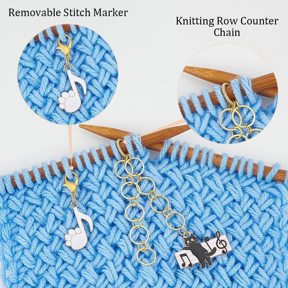 PLIGREAT 2 Sets Cute Piano Black Cat Stitch Marker Knitting Row Counter Chains Locking Stitch Marker for Grandma Mom Birthday Gifts Quilting Weaving Sewing Tool DIY Earings Jewelry Making Accessories