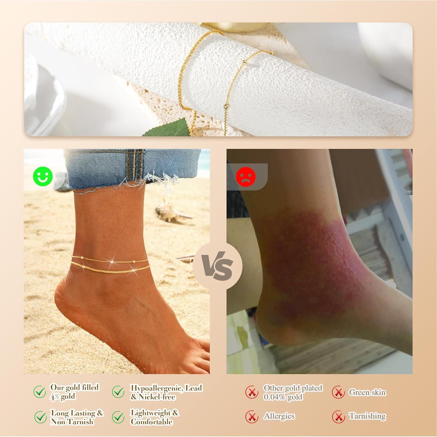 Conjunto de Pulseras de Tobillo Doradas para Mujeres - Plata Esterlina S925, Ajustables