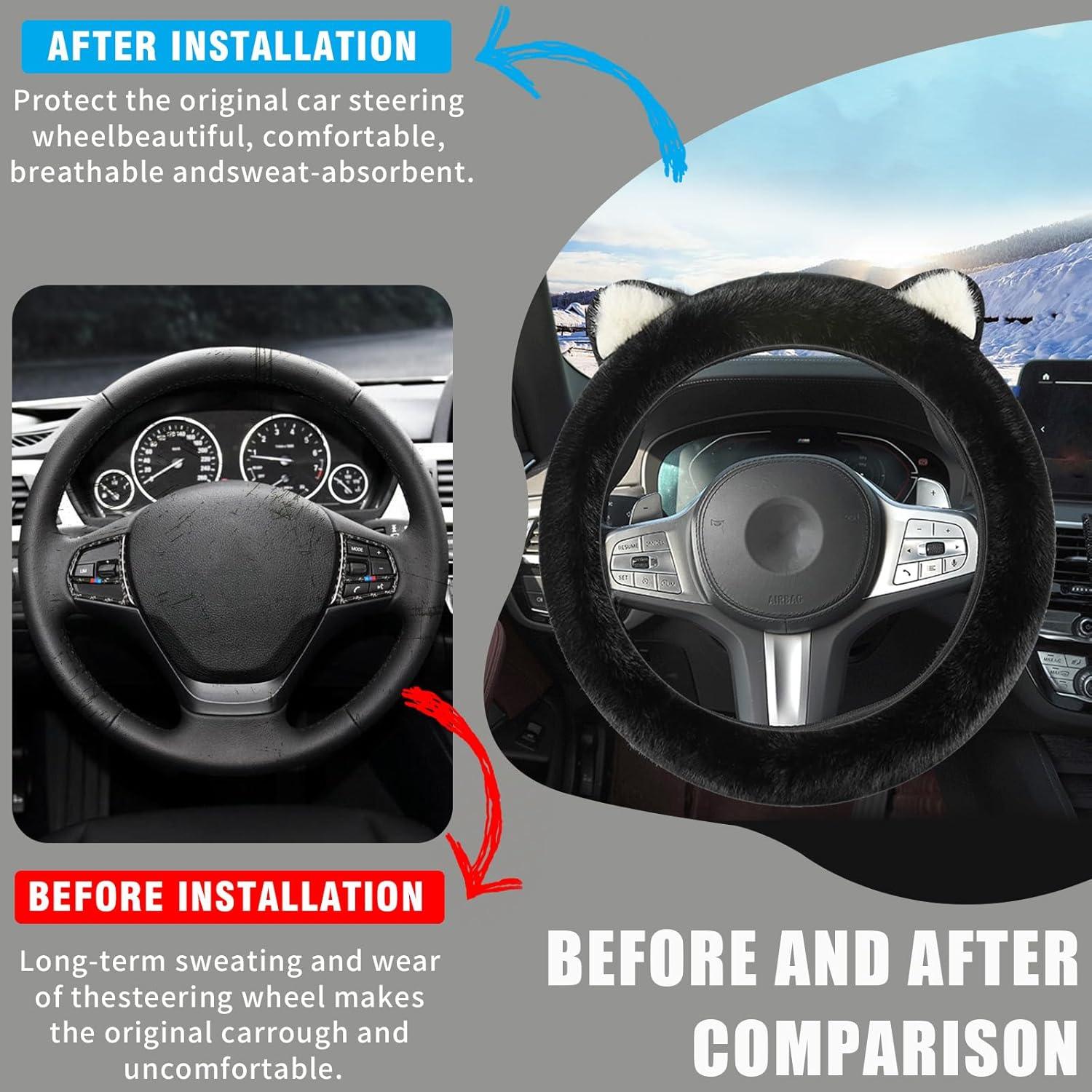 Funda de Volante de Coche Couslcd 15" Negra con Orejas de Gato