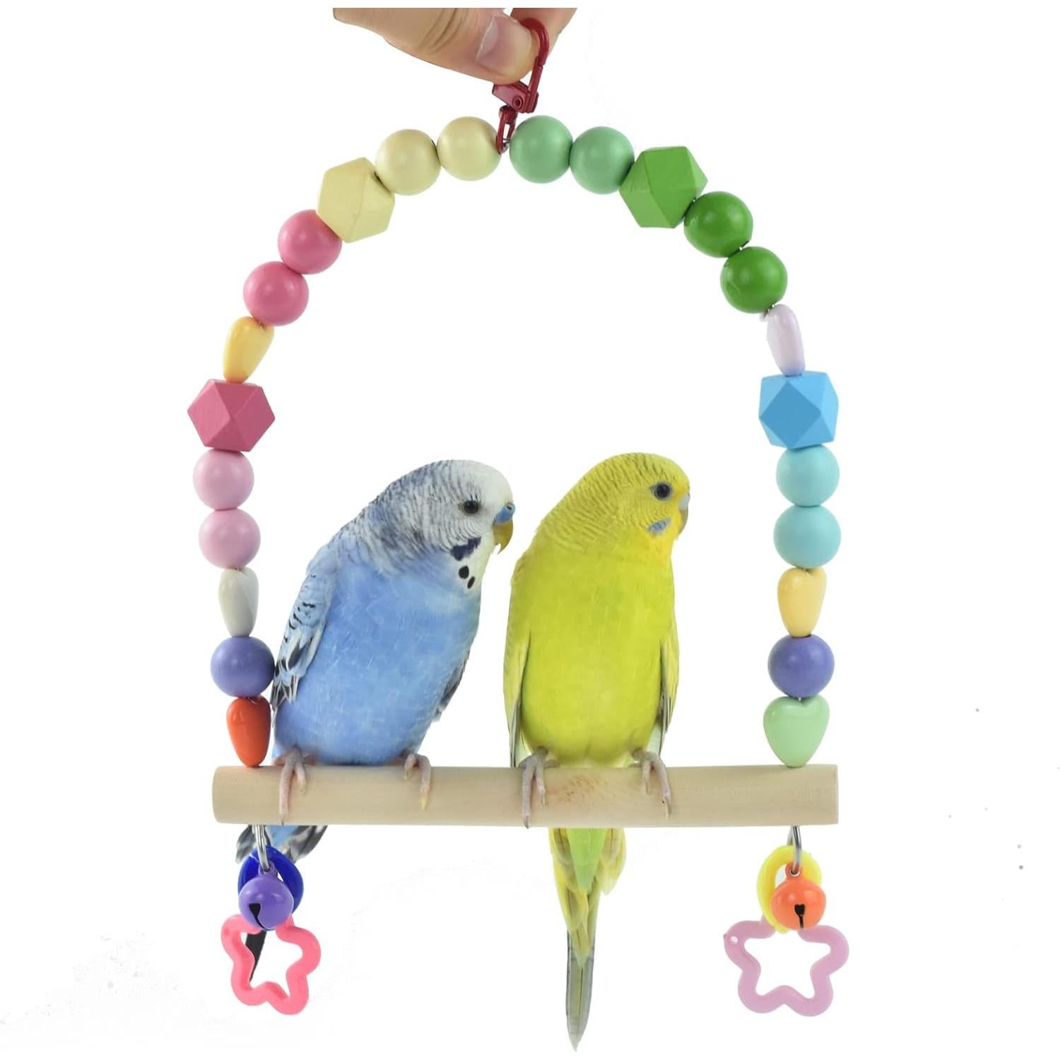 Wooden Bird Swing for Cockatiels Parrot Perch Hanging Toys Parakeets Birdcage Stands Cage Playground Play Gyms Accessories Colorful Bead Bell Climbing Toy for Lovebirds Conures Budgies
