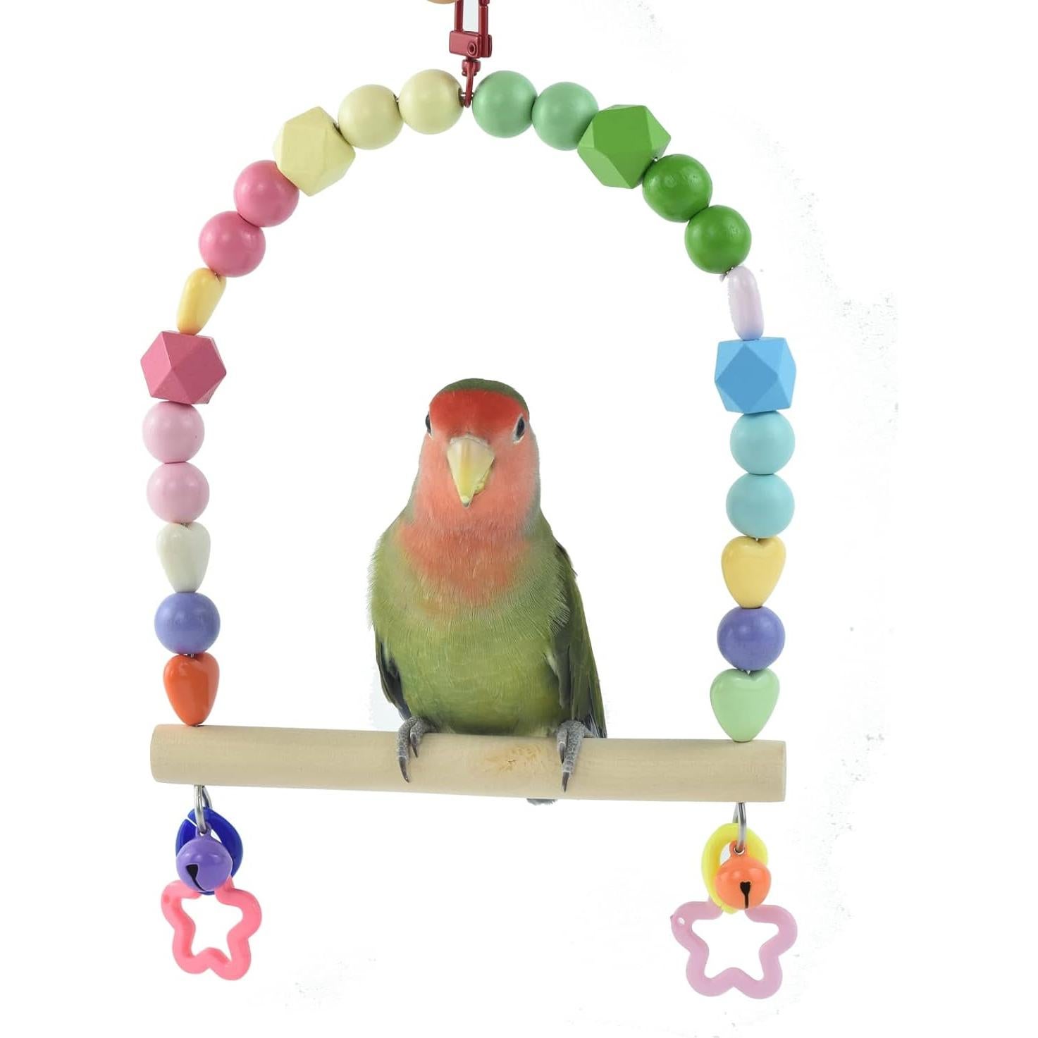 Wooden Bird Swing for Cockatiels Parrot Perch Hanging Toys Parakeets Birdcage Stands Cage Playground Play Gyms Accessories Colorful Bead Bell Climbing Toy for Lovebirds Conures Budgies