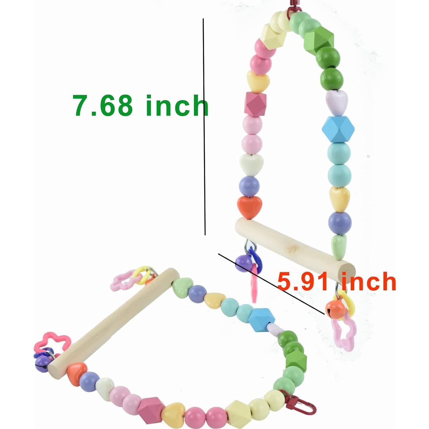 Wooden Bird Swing for Cockatiels Parrot Perch Hanging Toys Parakeets Birdcage Stands Cage Playground Play Gyms Accessories Colorful Bead Bell Climbing Toy for Lovebirds Conures Budgies