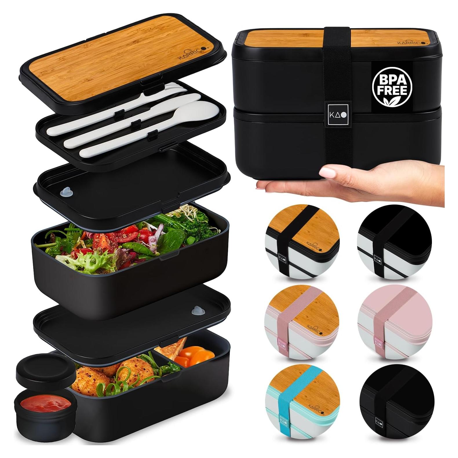 Caja Bento Doble KARRICO 60L Libre de BPA Negra con Divisores