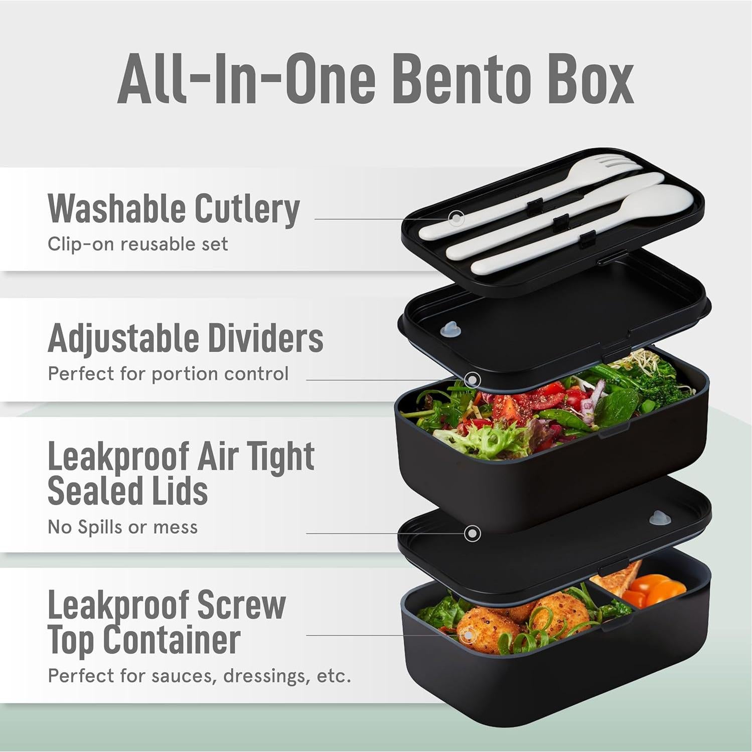 Caja Bento Doble KARRICO 60L Libre de BPA Negra con Divisores