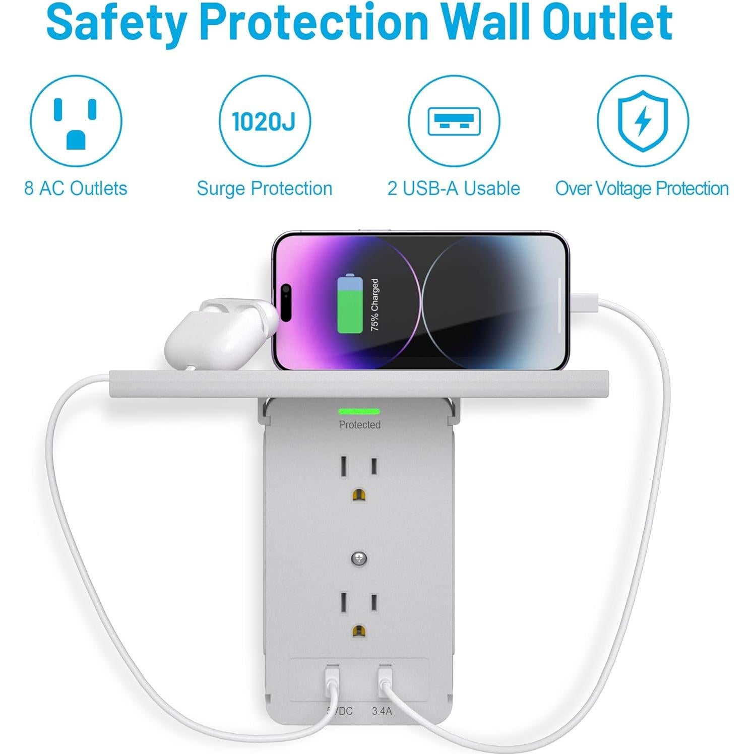 Estante de Pared CFMASTER con 8 Enchufes y 2 USB Gris