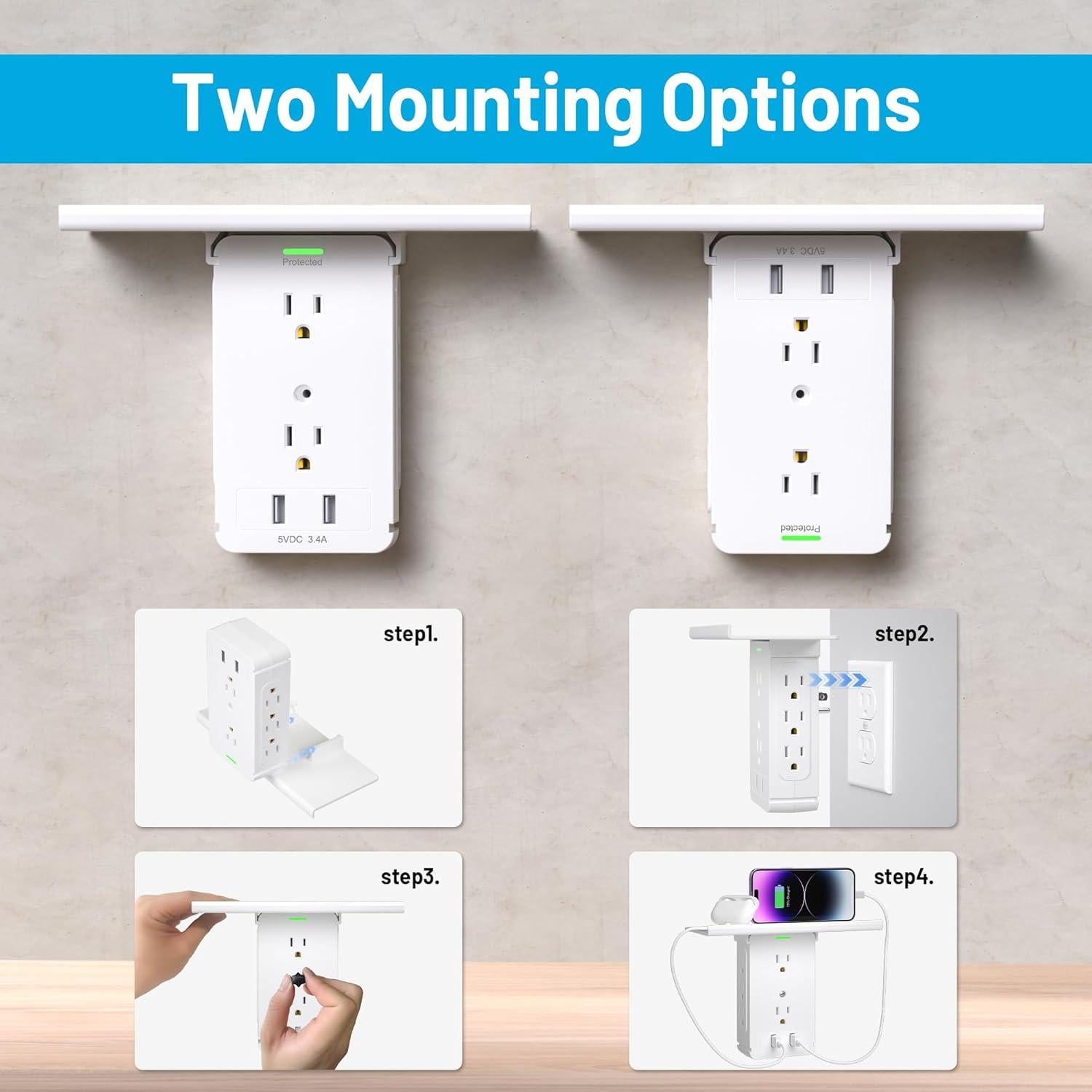 Estante de Pared CFMASTER con 8 Enchufes y 2 USB Gris