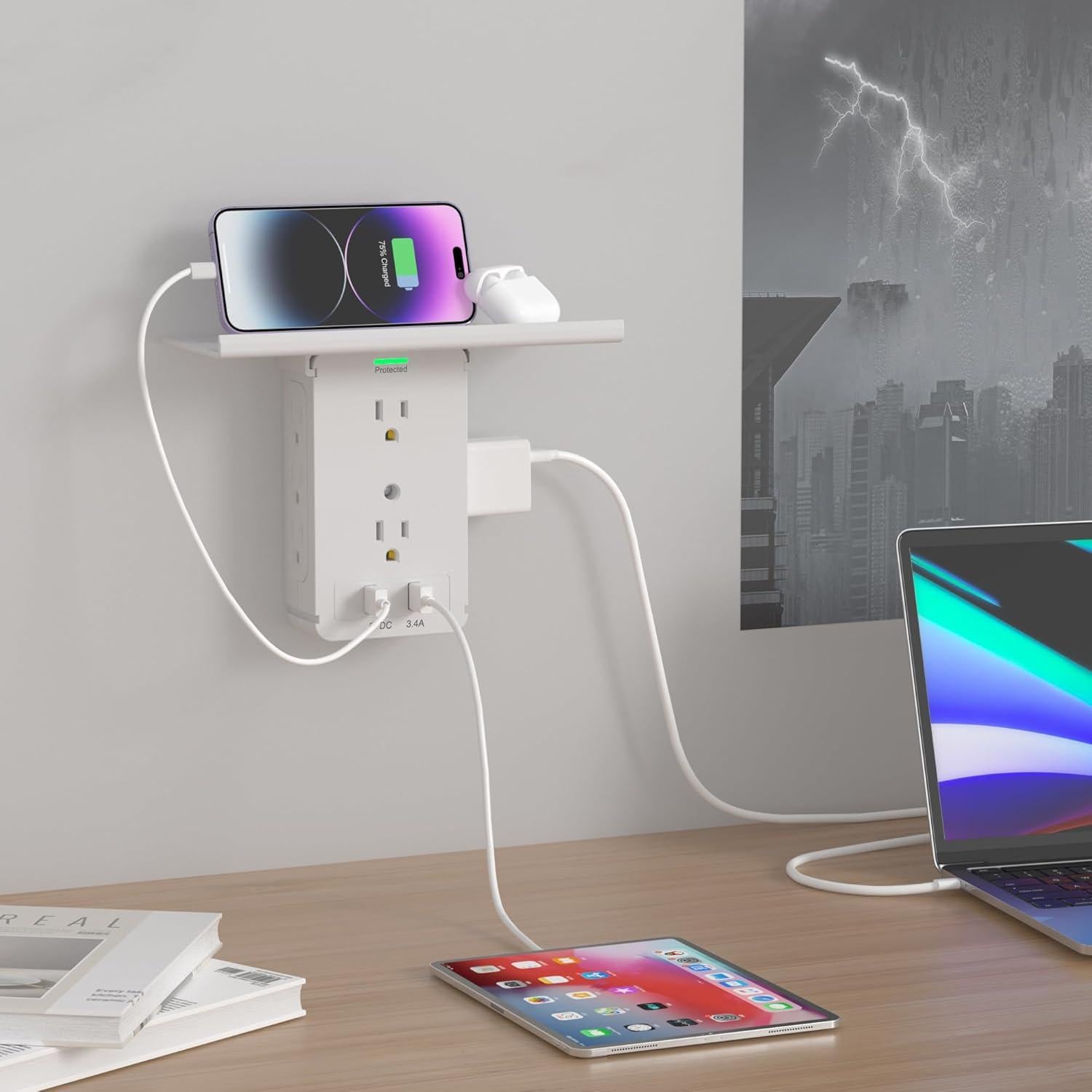 Estante de Pared CFMASTER con 8 Enchufes y 2 USB Gris