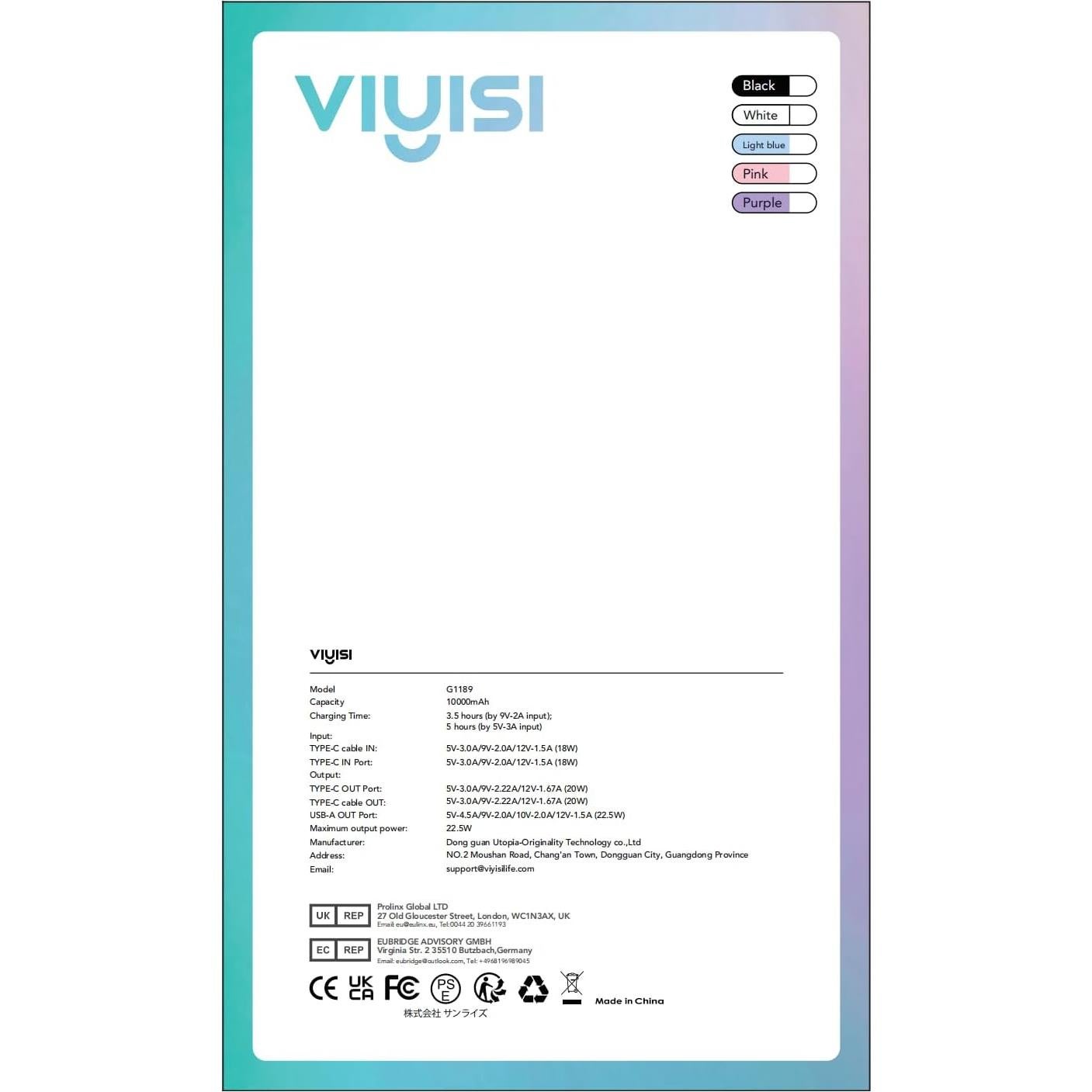 Cargador Portátil VIYISI 10000mAh Carga Rápida 22.5W USB-C