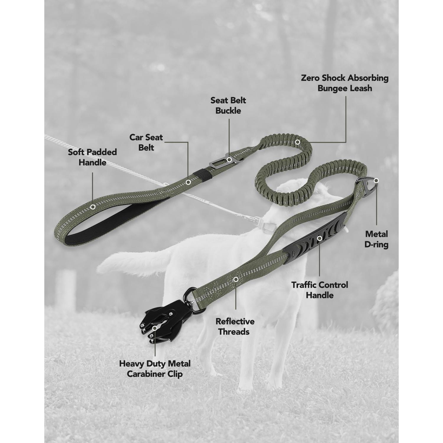 Correa Táctica para Perros Joytale 1.22-1.83m Bungee Verde Militar