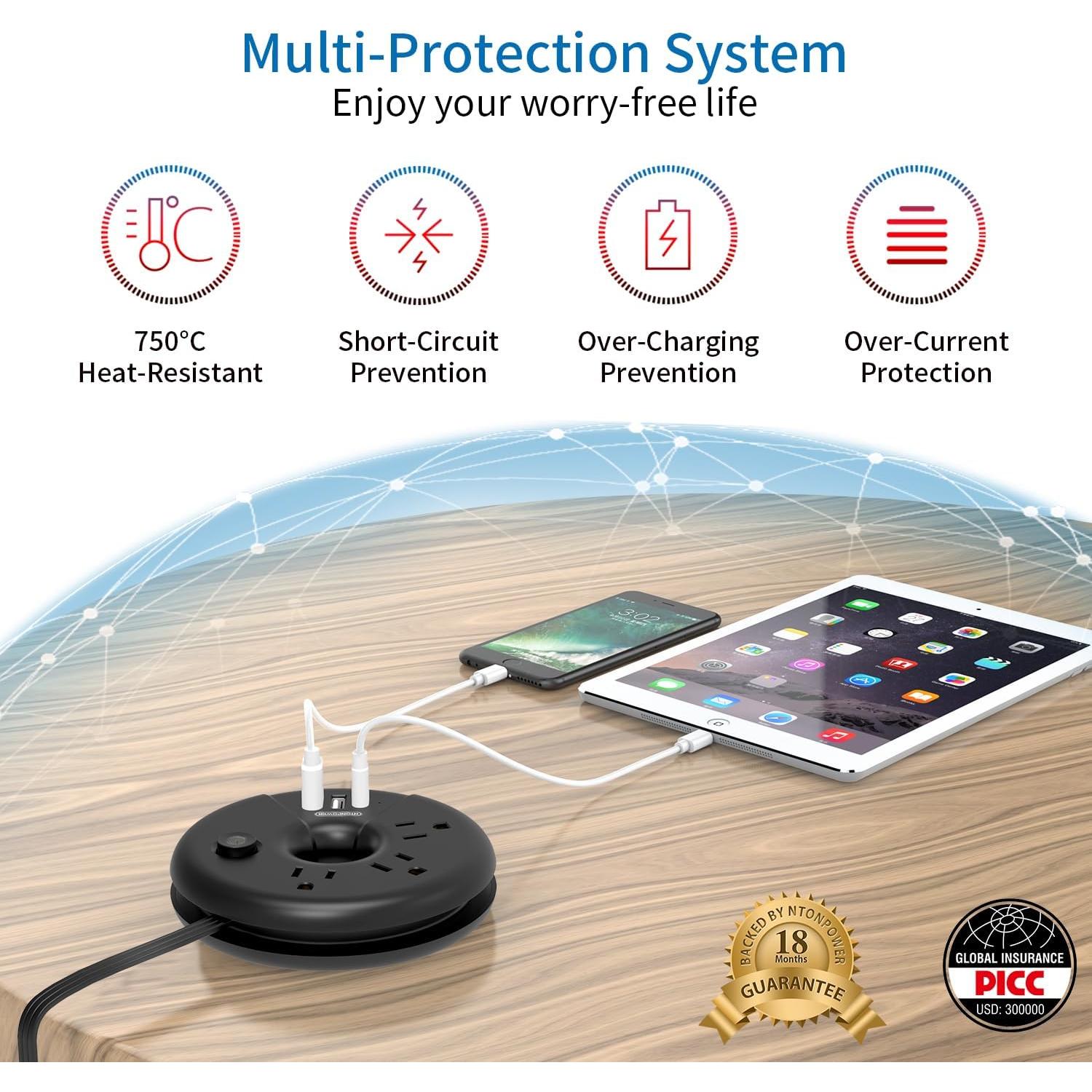 Regleta de Viaje NTONPOWER Compacta 3 USB 1m Negra