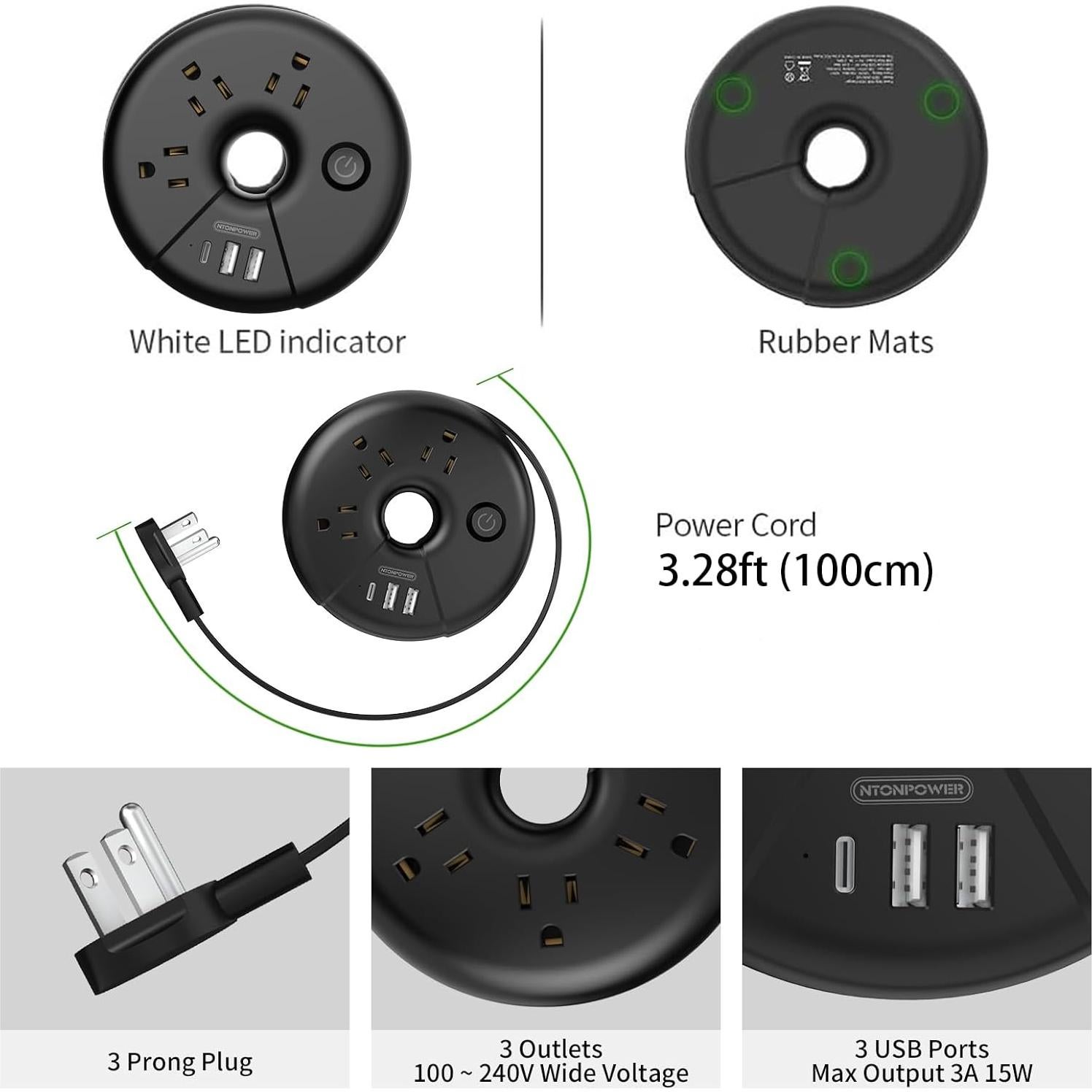 Regleta de Viaje NTONPOWER Compacta 3 USB 1m Negra