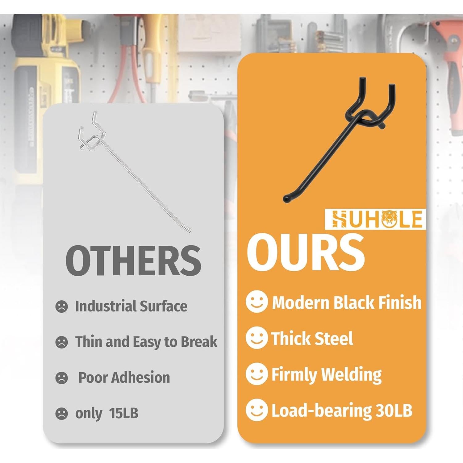 Ganchos de Tablero de Clavos HUHOLE 10 cm Negro 25PC Alta Resistencia