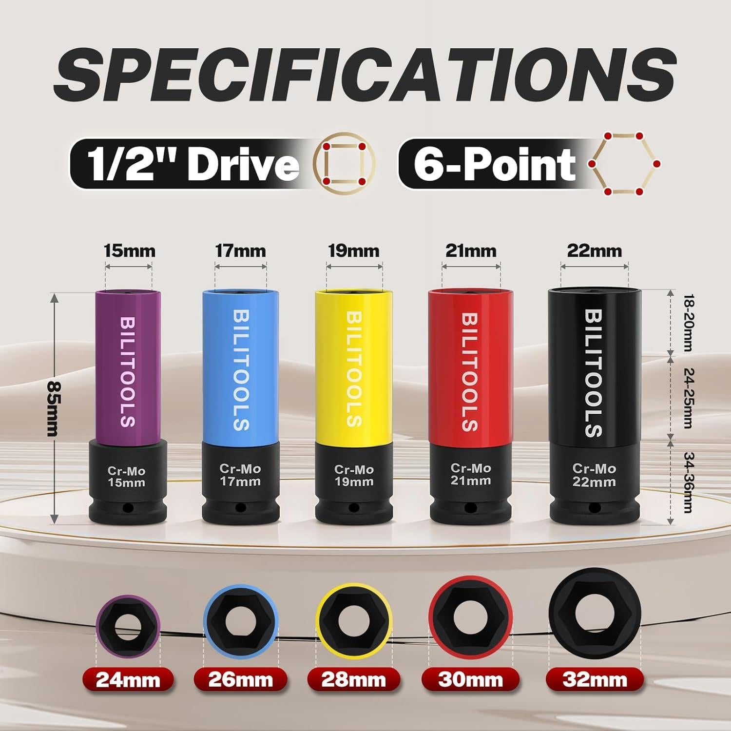 Juego de Enchufes de Tuerca de Impacto BILITOOLS 5 Piezas 15-22mm