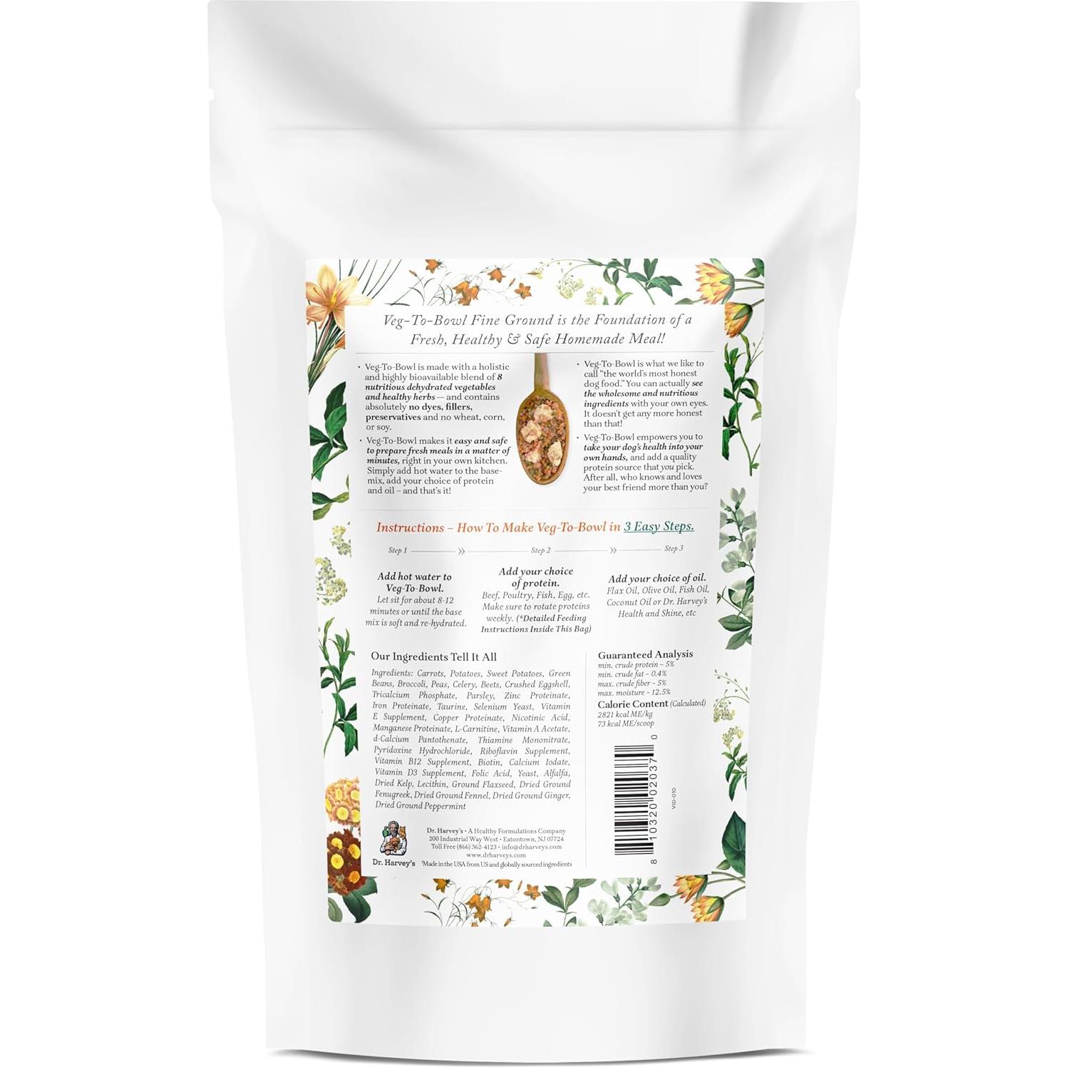 Dr. Harvey's Veg-to-Bowl Fine Ground Dog Food, Human Grade Dehydrated Base Mix for Dogs, Grain Free Holistic Mix for Small Dogs Trial Size (6.5 oz)