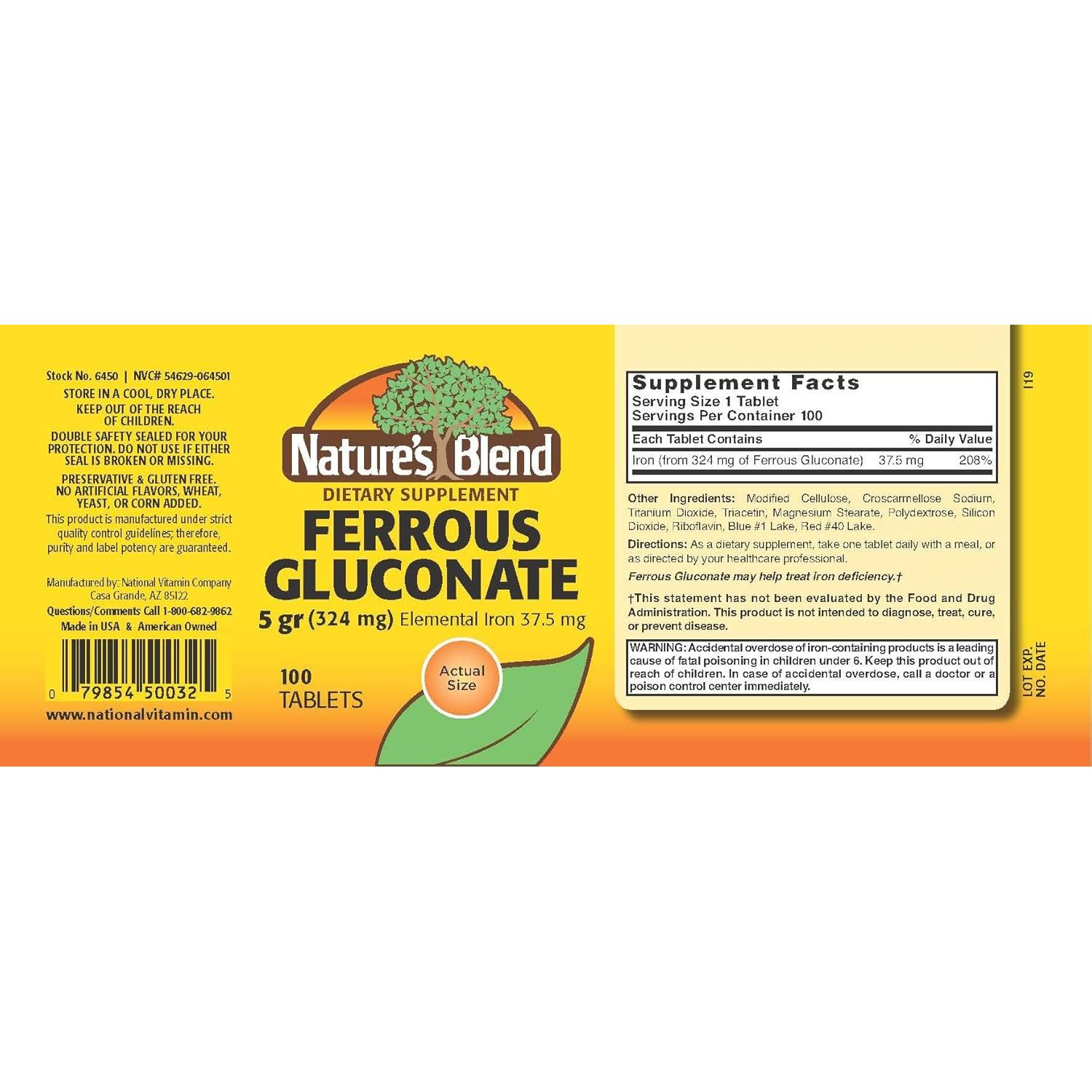 Tabletas de Gluconato Ferroso Nature's Blend 100 Unidades 36 mg