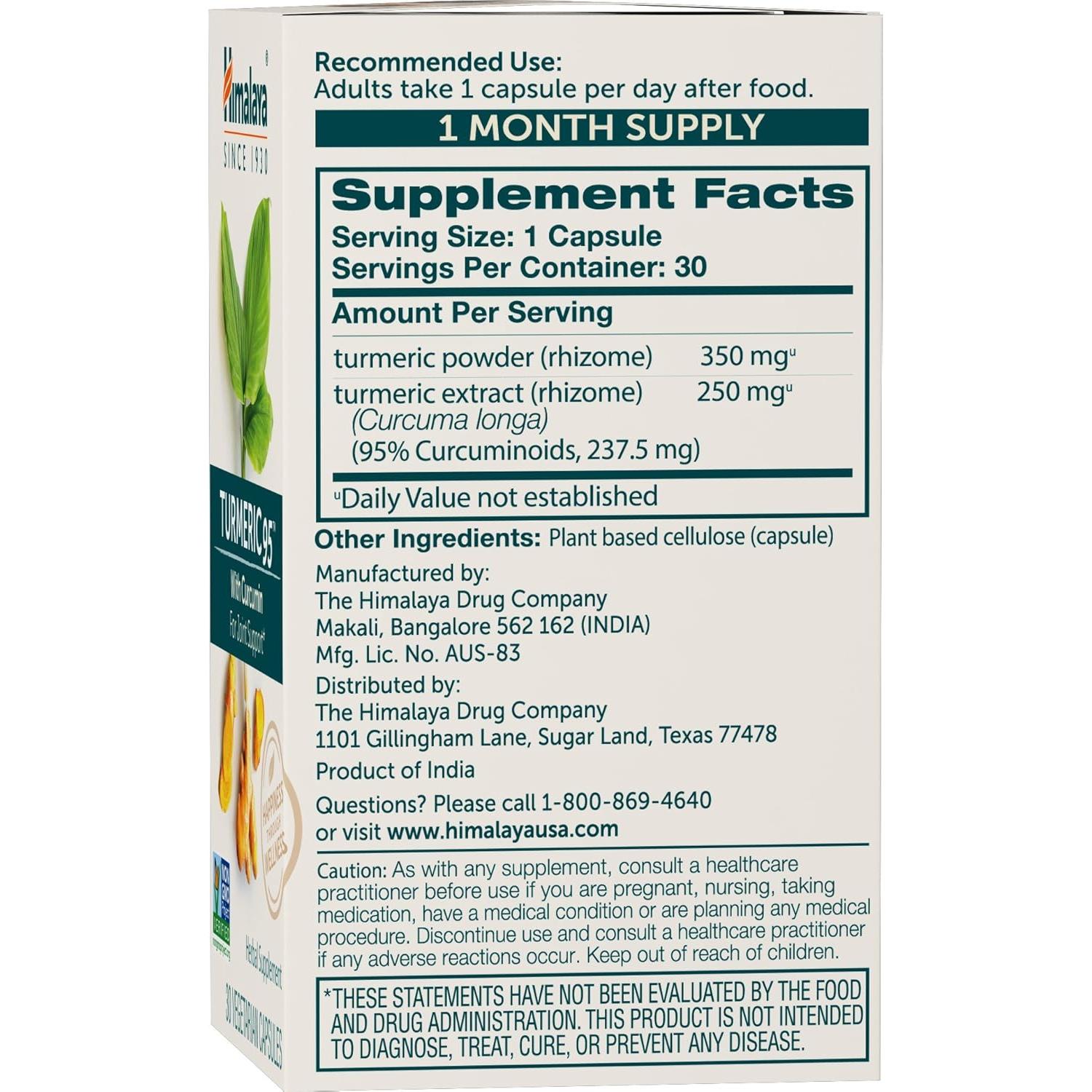 Suplemento de Cúrcuma Himalaya 95 para Articulaciones 600 mg - 30 Cápsulas