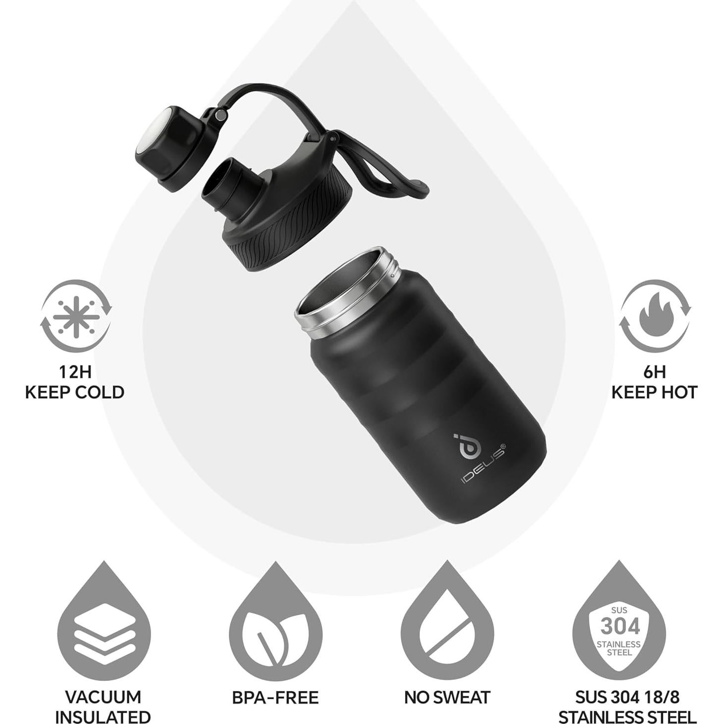 Botella de Agua Aislada IDEUS 360 ml Acero Inoxidable Negro