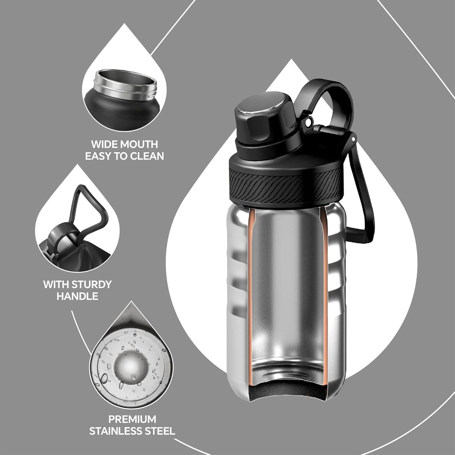 Botella de Agua Aislada IDEUS 360 ml Acero Inoxidable Negro