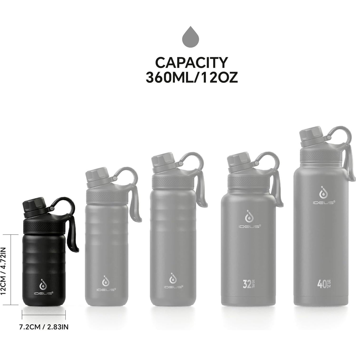 Botella de Agua Aislada IDEUS 360 ml Acero Inoxidable Negro