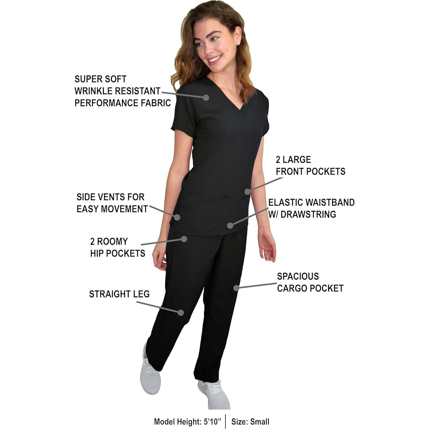 Conjunto de Scrubs Green Town Mujeres - Top Cuello V y Pantalón Recto 5 Bolsillos XX-Large Negro