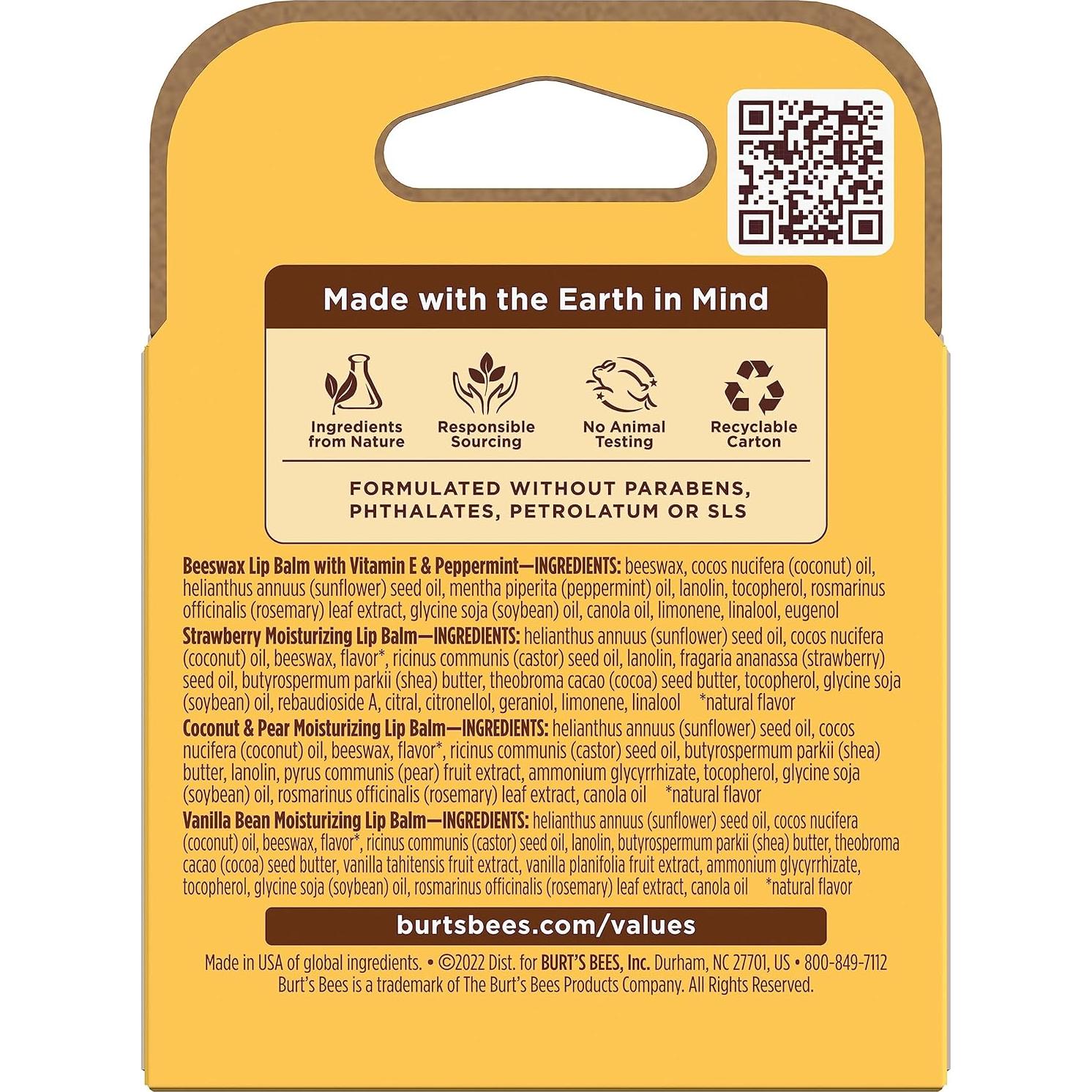 Bálsamo Labial Burt's Bees Pack 4 Tubos 4.25g Sabores Naturales