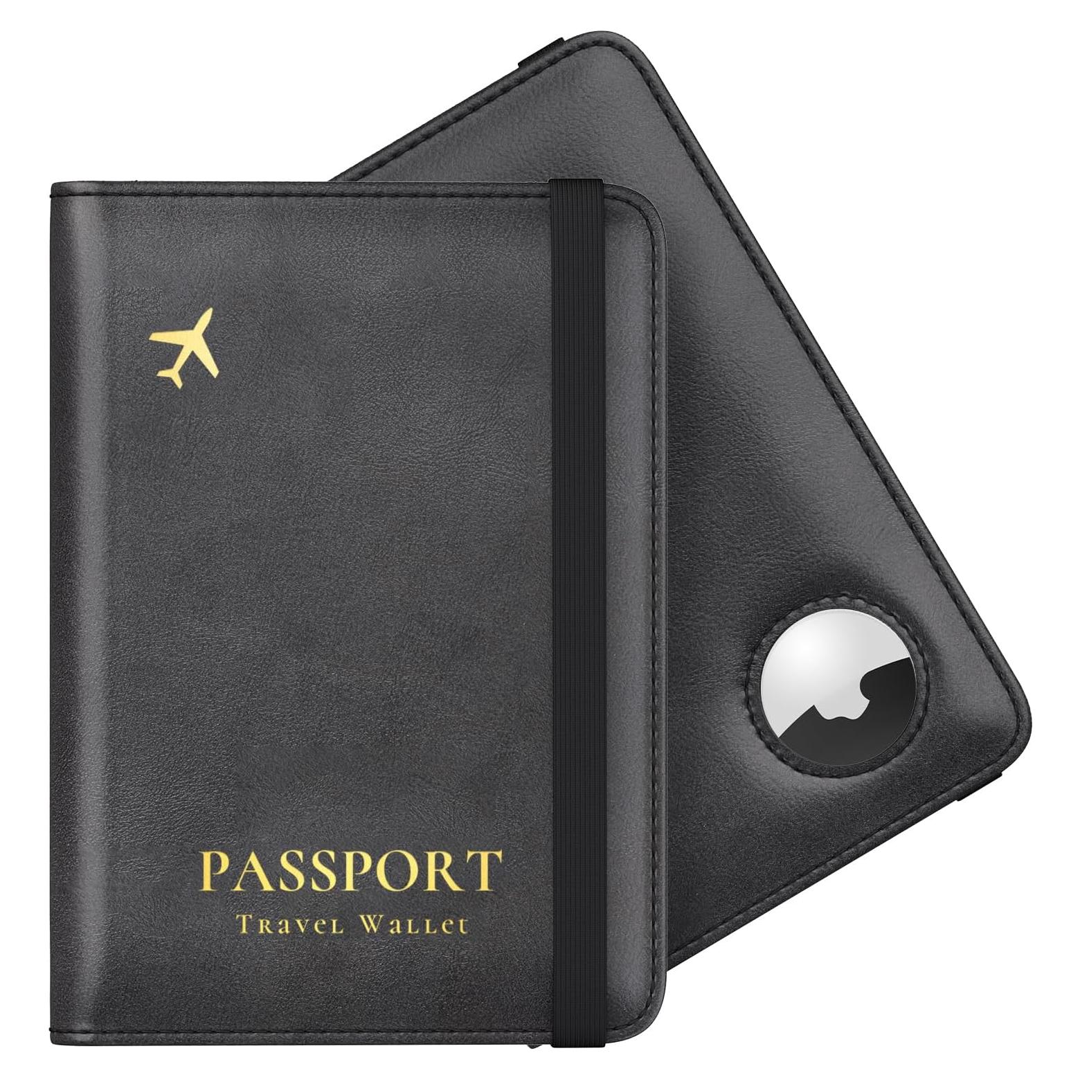 Porta Pasaporte Stouchi RFID Delgado con Ranura para AirTag Negro