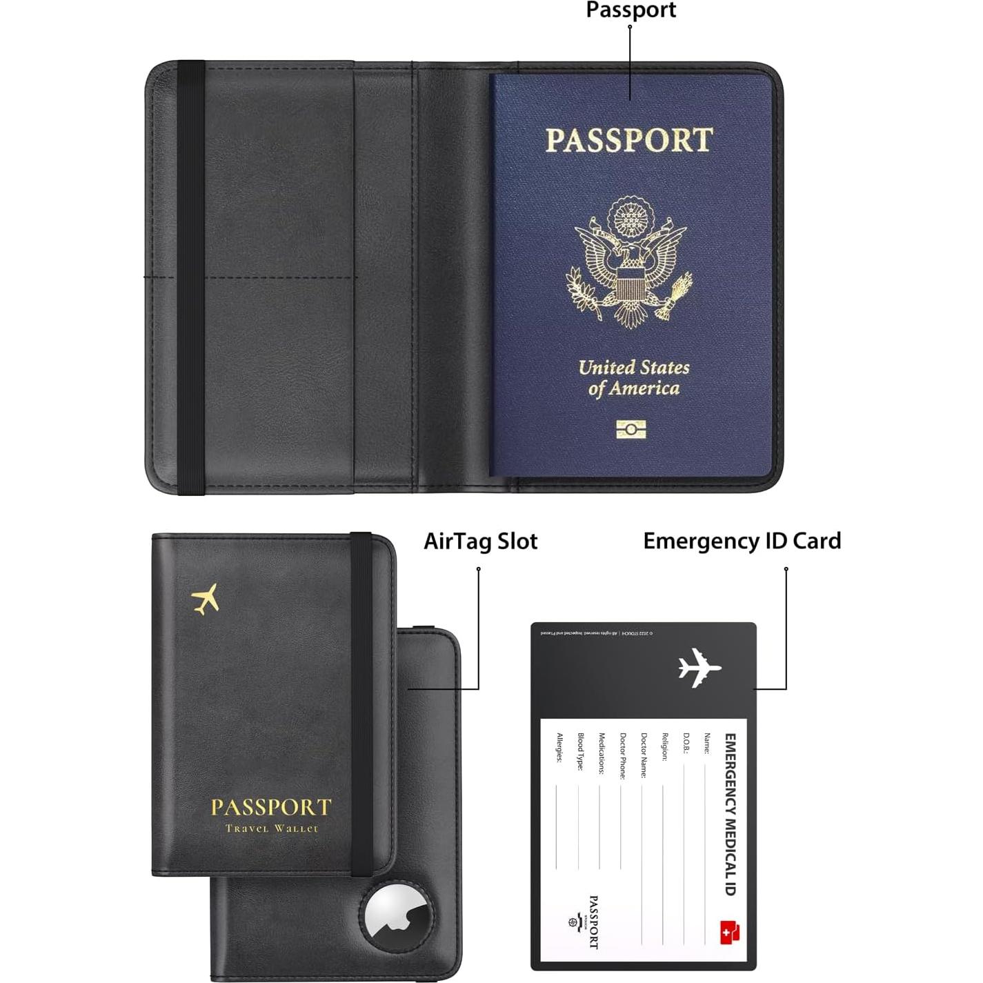 Porta Pasaporte Stouchi RFID Delgado con Ranura para AirTag Negro