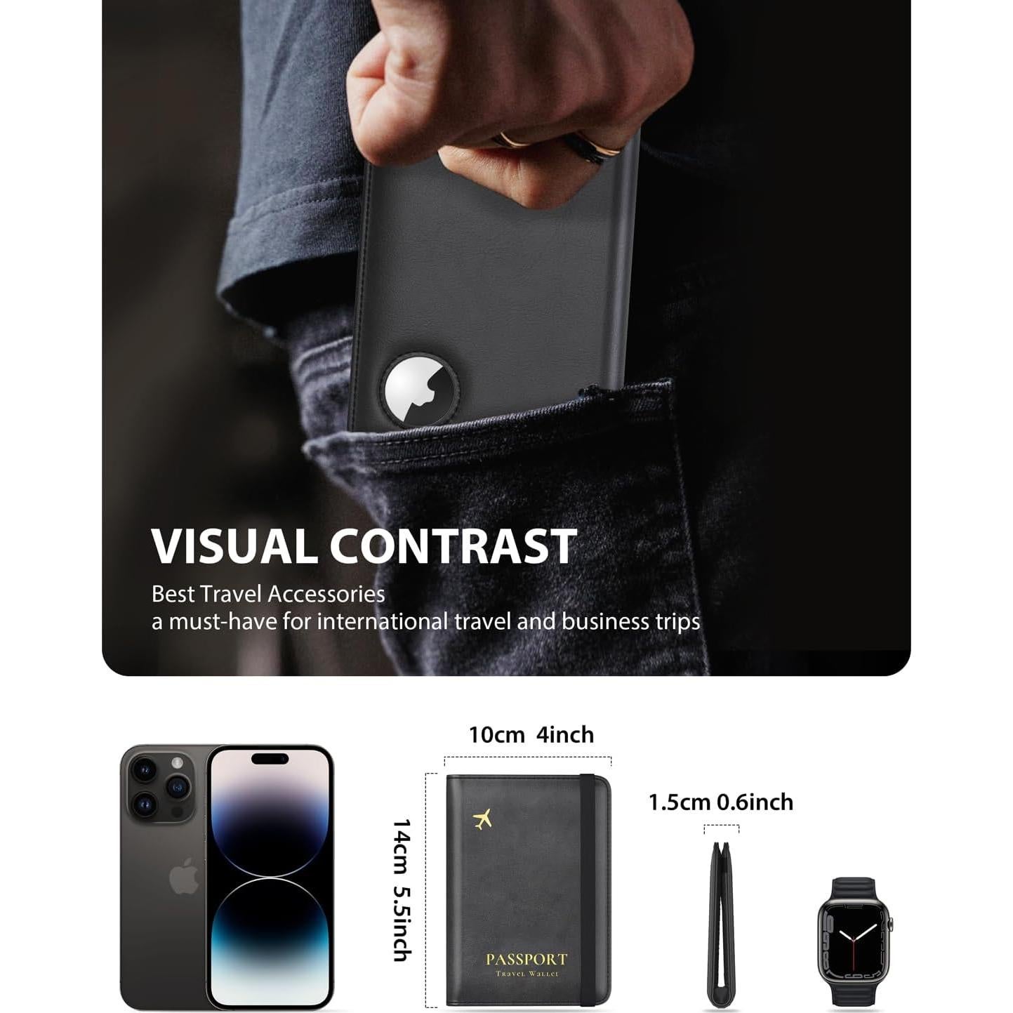 Porta Pasaporte Stouchi RFID Delgado con Ranura para AirTag Negro