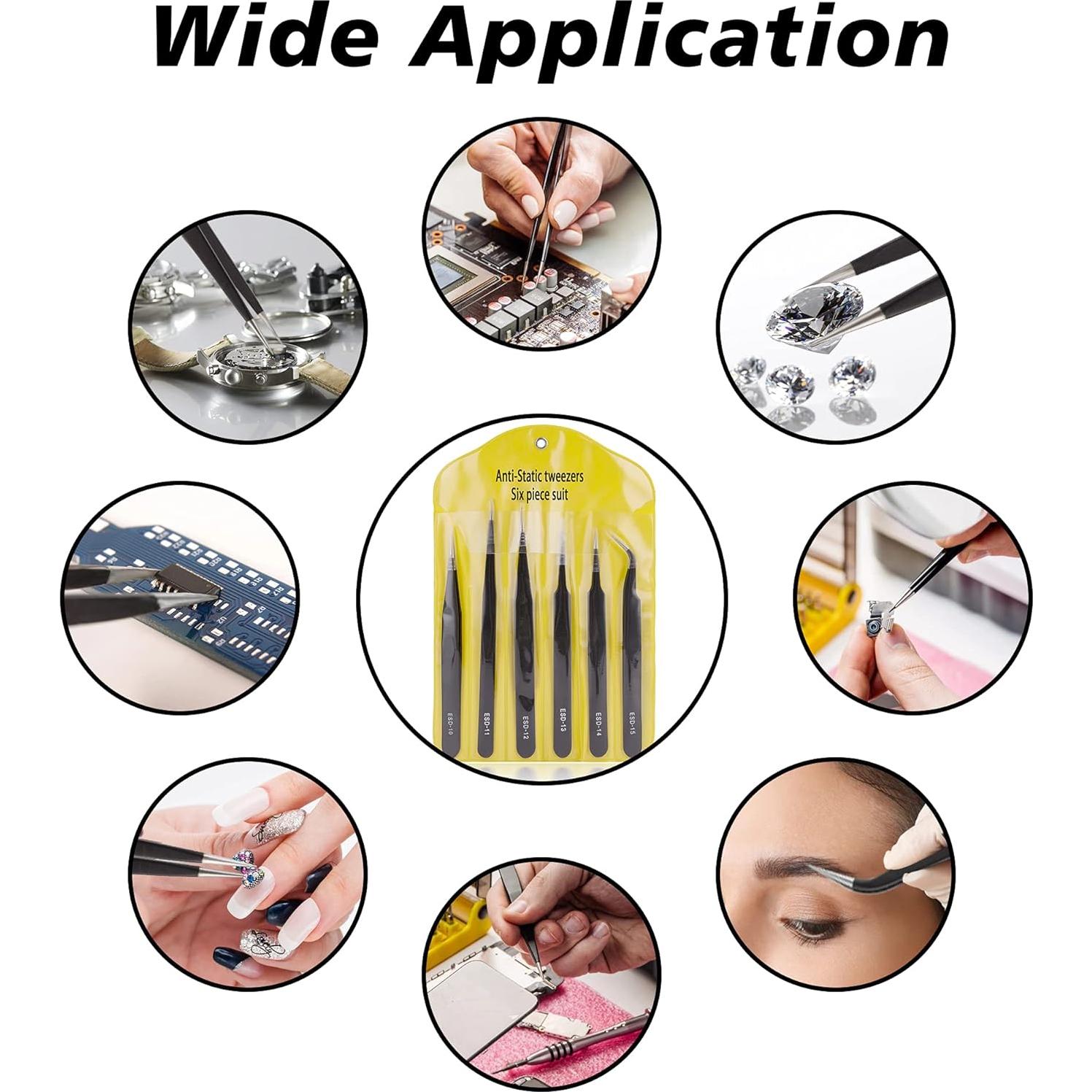 Juego de Pinzas de Precisión ESD 6 PCS Acero Inoxidable