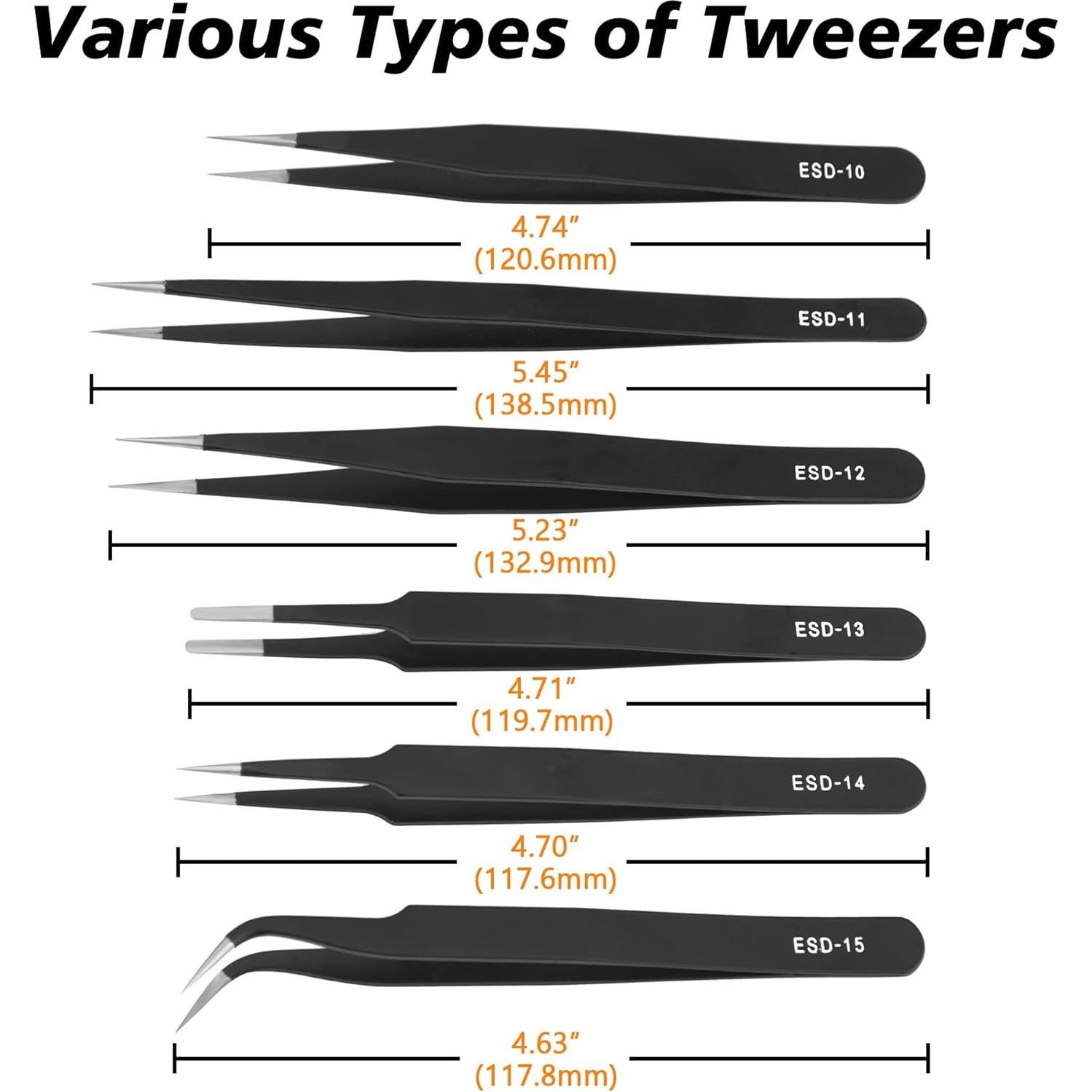 Juego de Pinzas de Precisión ESD 6 PCS Acero Inoxidable