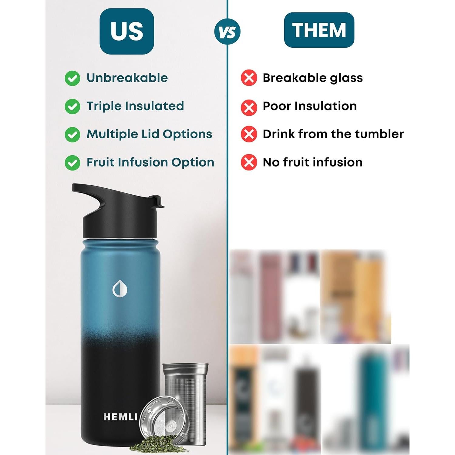 Botella de Té Aislada Hemli 0.5L con Infusor Acero Inoxidable