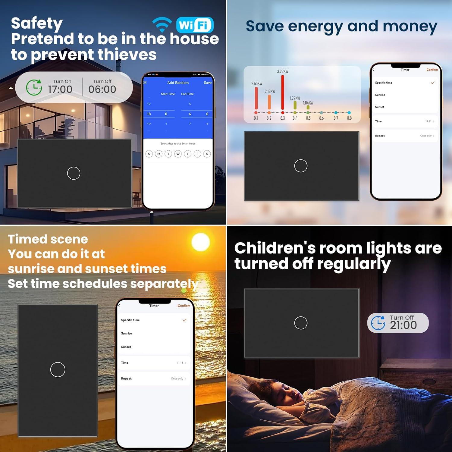 Interruptor de Luz Inteligente LOUYSGEN 1 Gang Wi-Fi 2.4GHz Negro