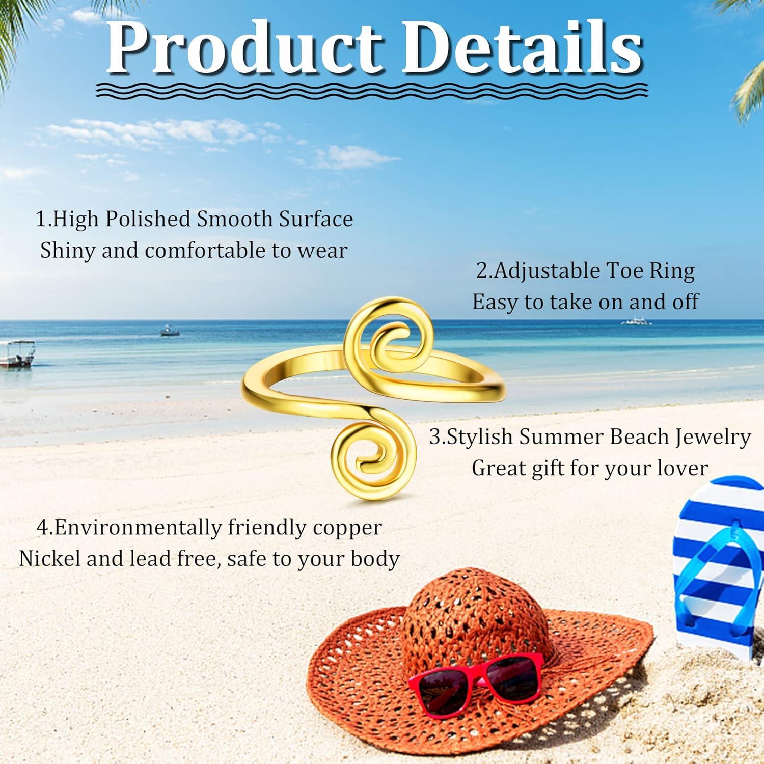 Conjunto 12 Anillos Ajustables para Dedos de los Pies Oro Mujeres