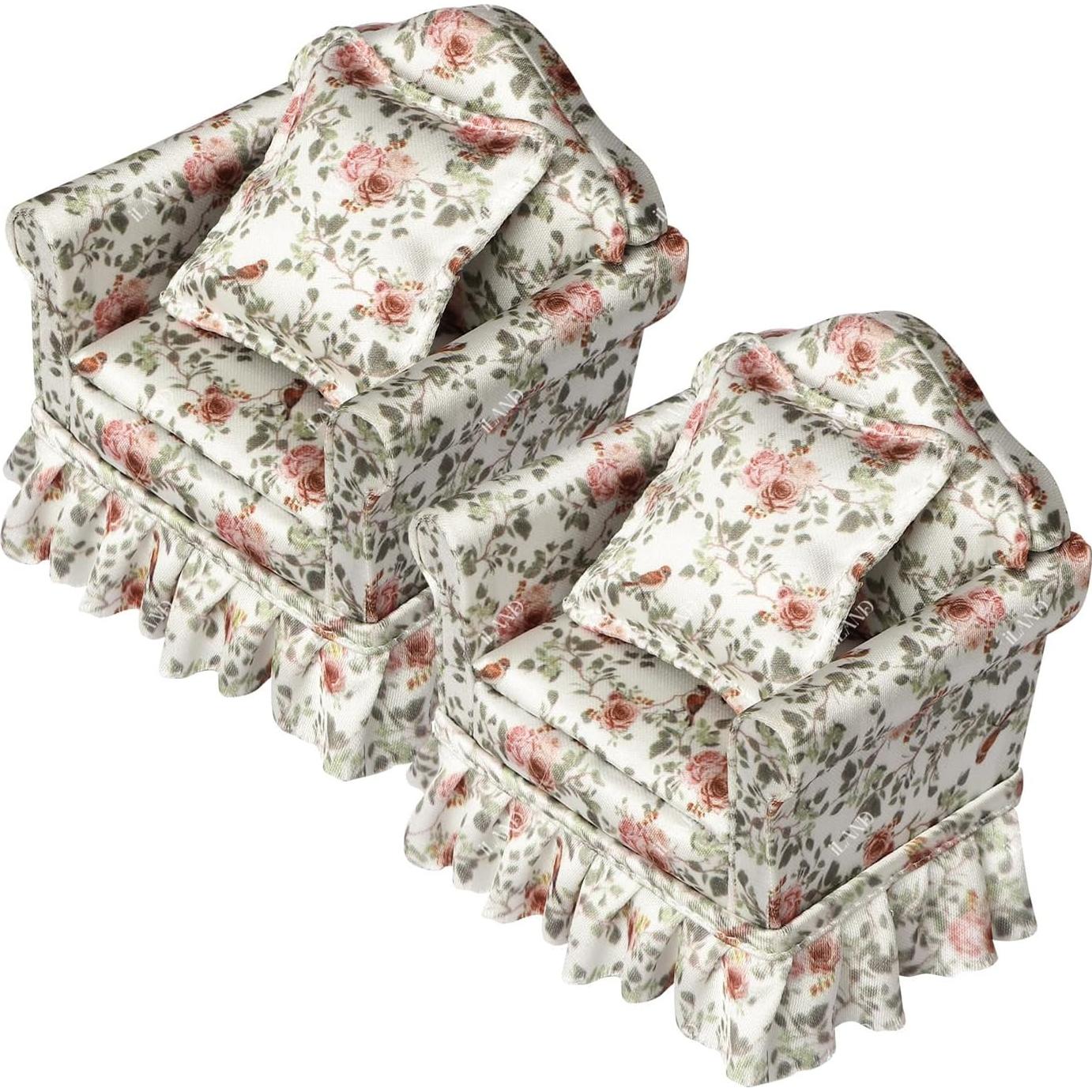 Muebles Miniatura iLAND Sofá Plisado Rosa y Pájaros 2 Pcs