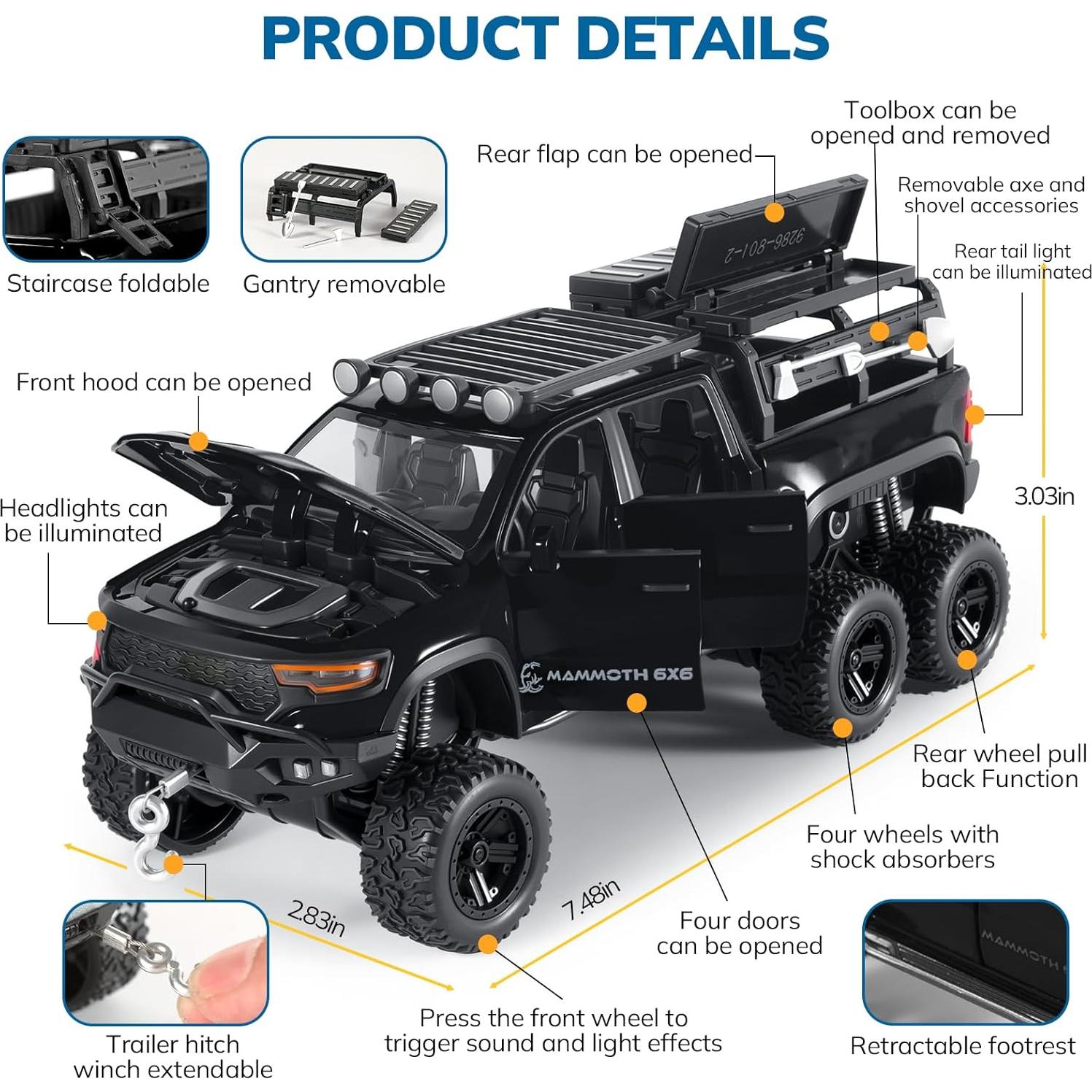 Camión de Juguete Diecast FRJV 19cm con Sonido y Luz Negro